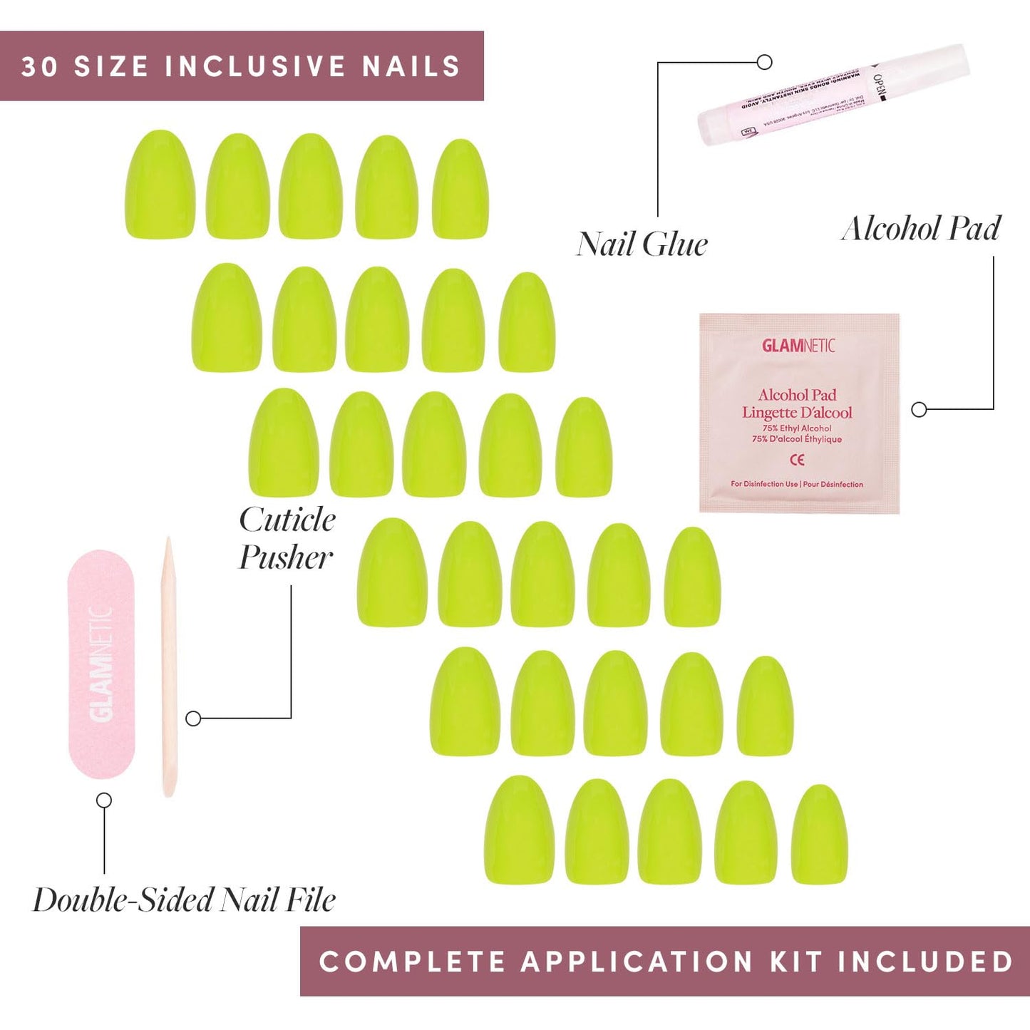 Glamnetic Press-On Nails Bundle - Lime Green, Berry Maroon & Berry Fizz | Bright Neon Green Short Oval Fake Nails | Dark Red Maroon Short Round False Nails | Short Oval Magenta Cat-Eye Nails