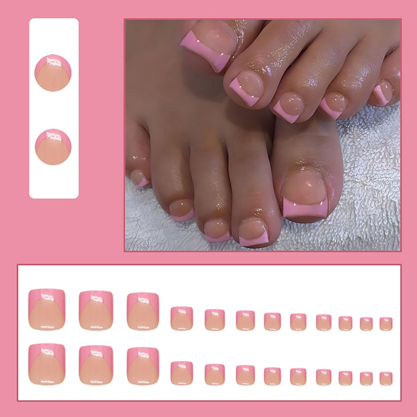 RUOKEXIN Short Press on Toenails Pink French Tip Fake Toenails with Designs Square Toe Nail Press ons Sparkly Artificial Nails for Women 24Pcs