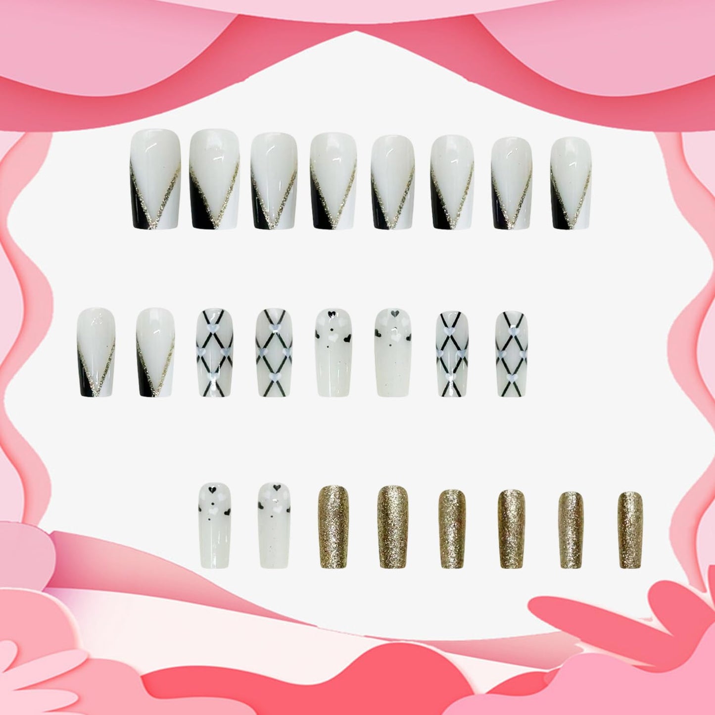 24Pcs Valentines Press on Nails Medium Square Artificial Acrylic Black White Love with Black Lines Design Full Cover Glossy Heart Glue on Nail Artificial Fingernails for Women Festival Manicure