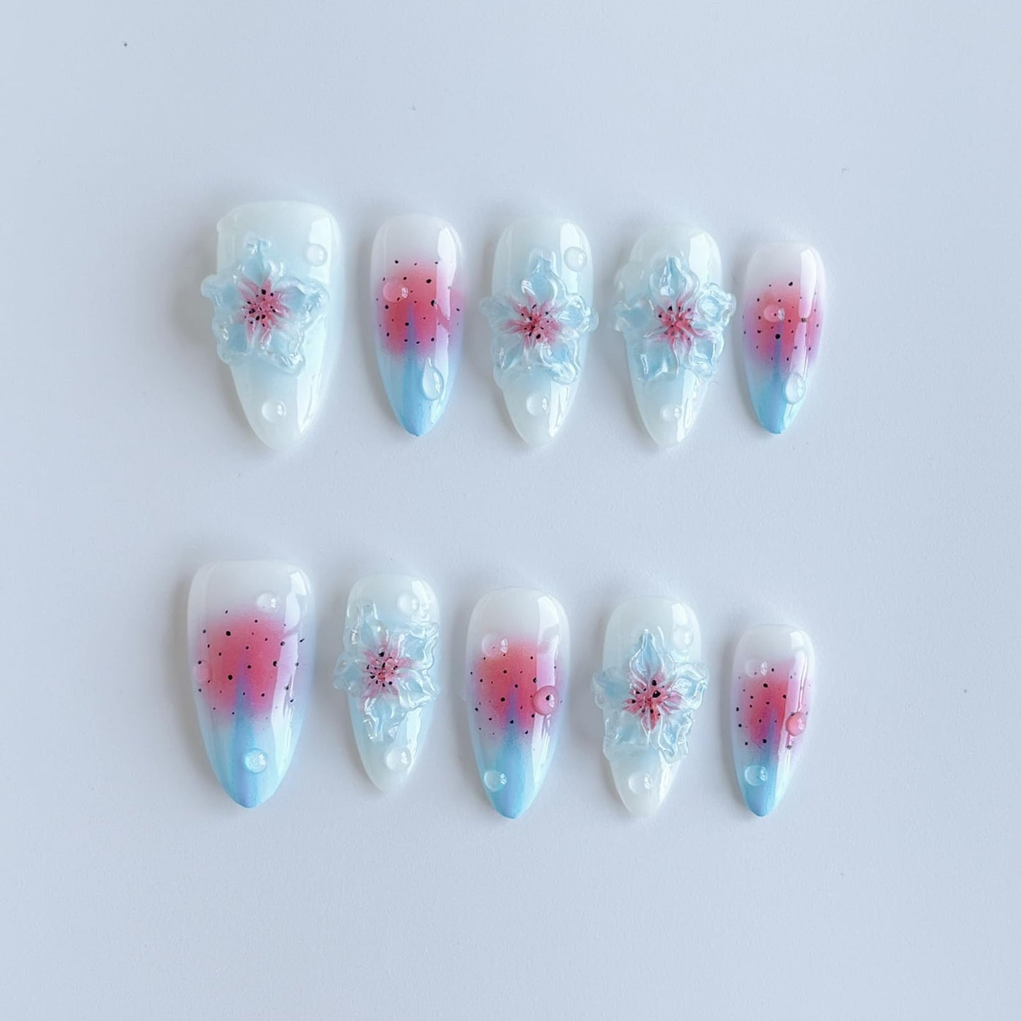 Luxury Press on Nails Medium Almond Handmade 3D Unique Reusable ABS Material Fake Nails Blue False Nails with Designs Pink&Blue Flower Water Drop Art Petal Glossy Thick Acrylic Nails(S)