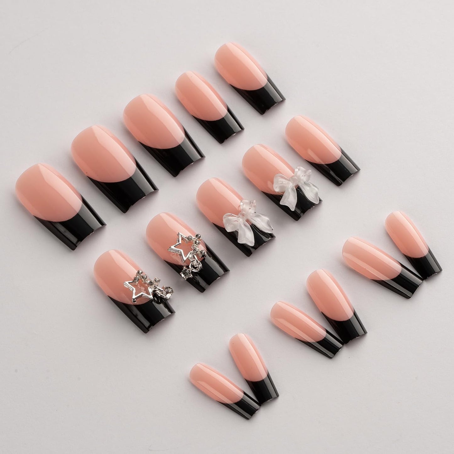 Medium Press on Nails Coffin Fake Nails Black French Tip False Nails with Bow Star Charms Design Glue on Nails Glossy Full Cover Stick on Nails Elegant Acrylic Nails Press ons for Women Manicure 24Pcs