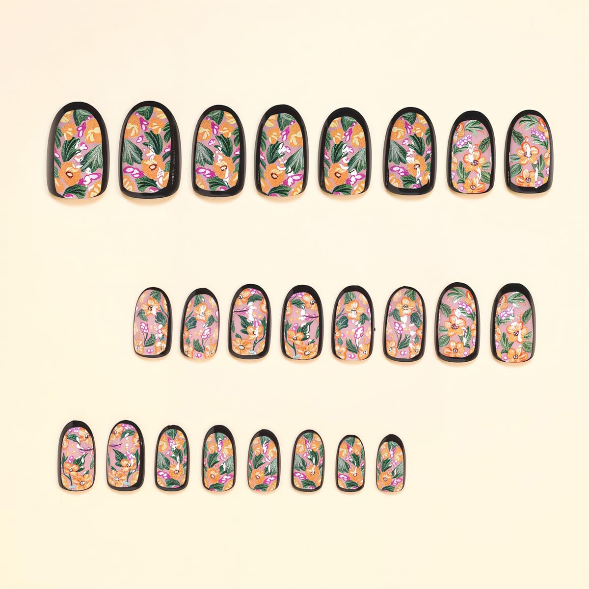 Press on Nails Short Oval - Orange & Pink Flowers with Green Leaves, Cute Garden Floral Design, Full Cover Glossy Fake Nails 24PCS for Women