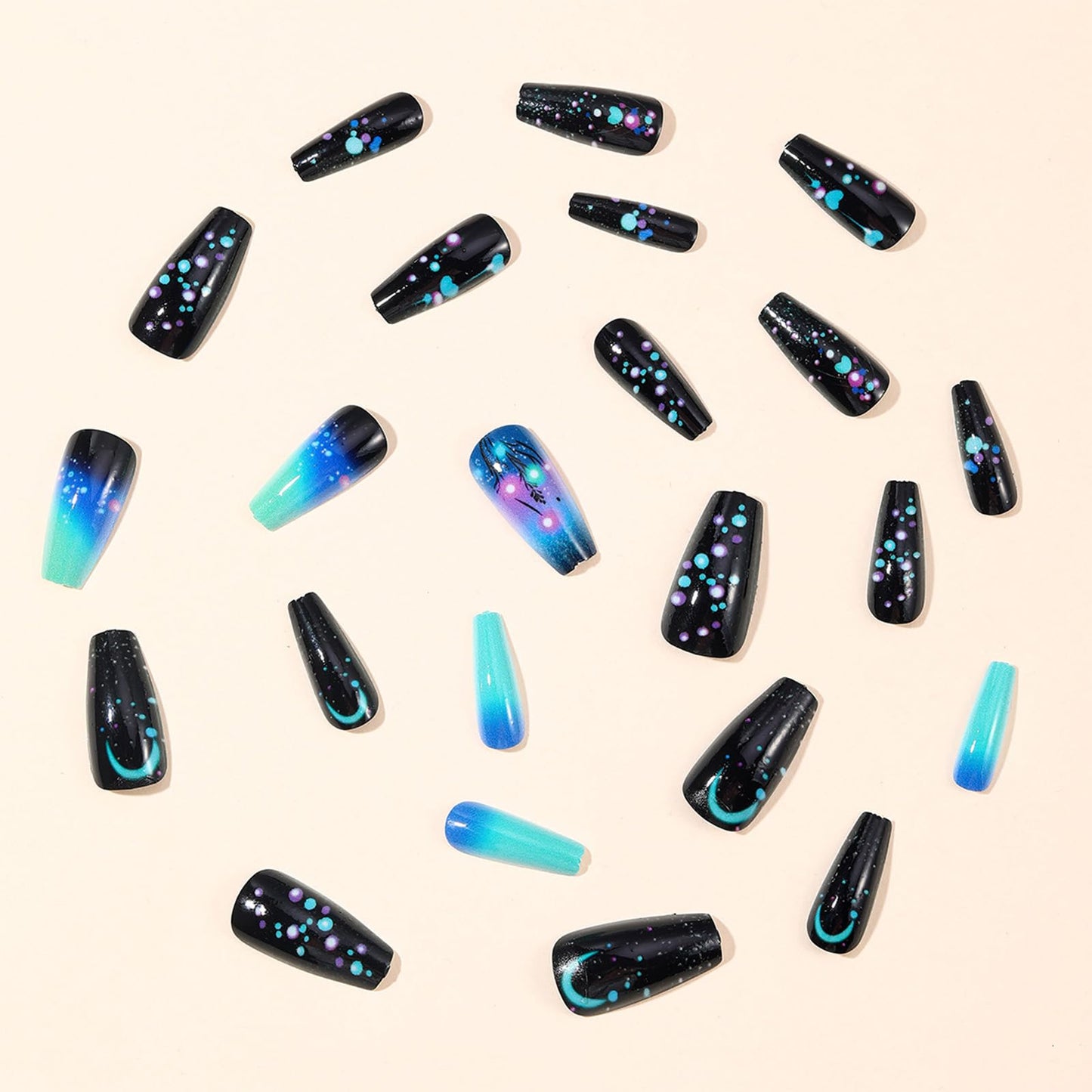 Starry Sky Press on Nails Nebula Acrylic Full Cover Fake Nails Milky Way Stick on Nail 24Pcs Glossy Blue Gradient Medium Coffin False Nail Purple Ombre Gel Glue on Fingernails for Holiday Manicure Art