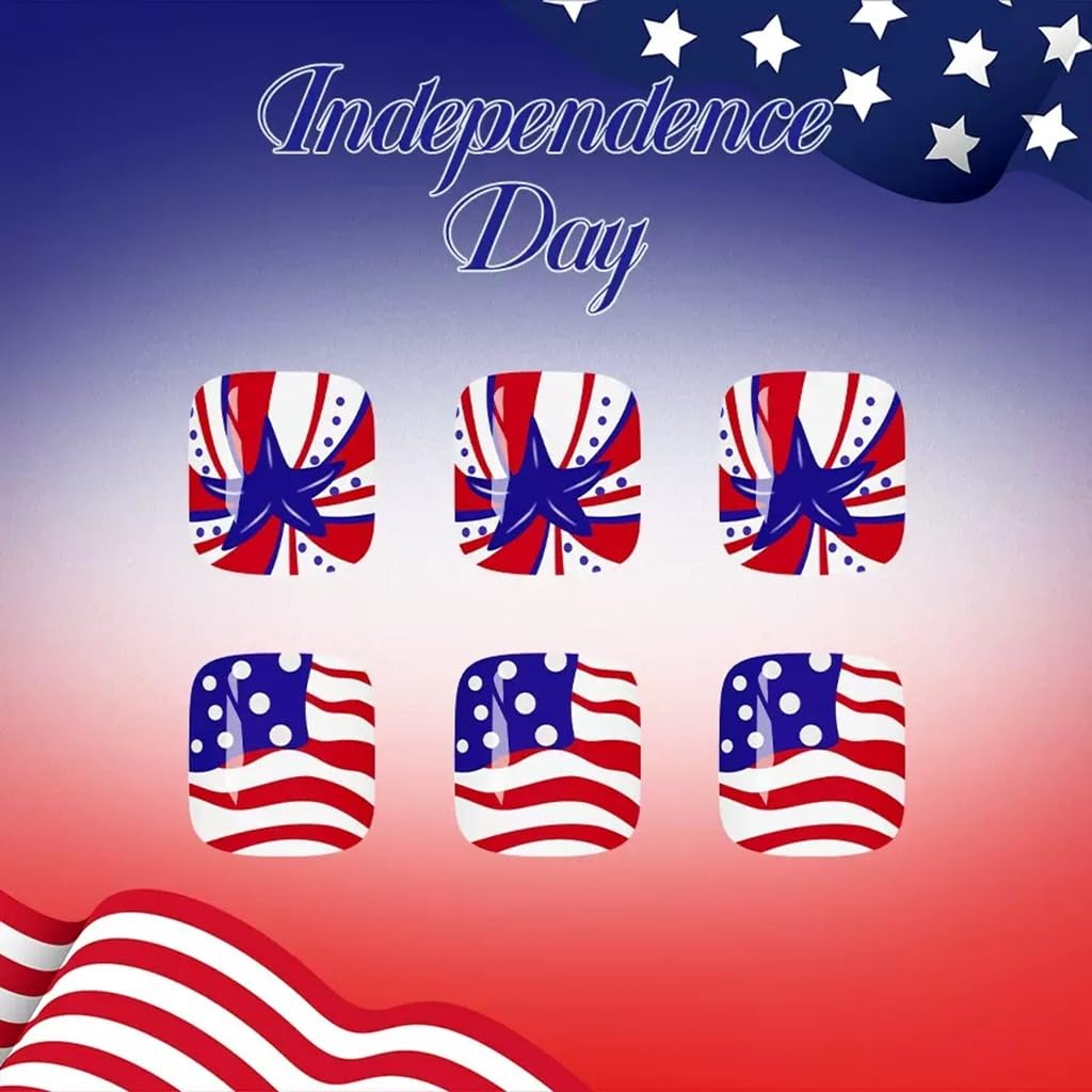 CTTHNBD Press on Toenails - 4th of July Fake Toenails with Star Line Design - Blue, Red, Independence Day Press on Toe Nails for Women - 24 Pcs