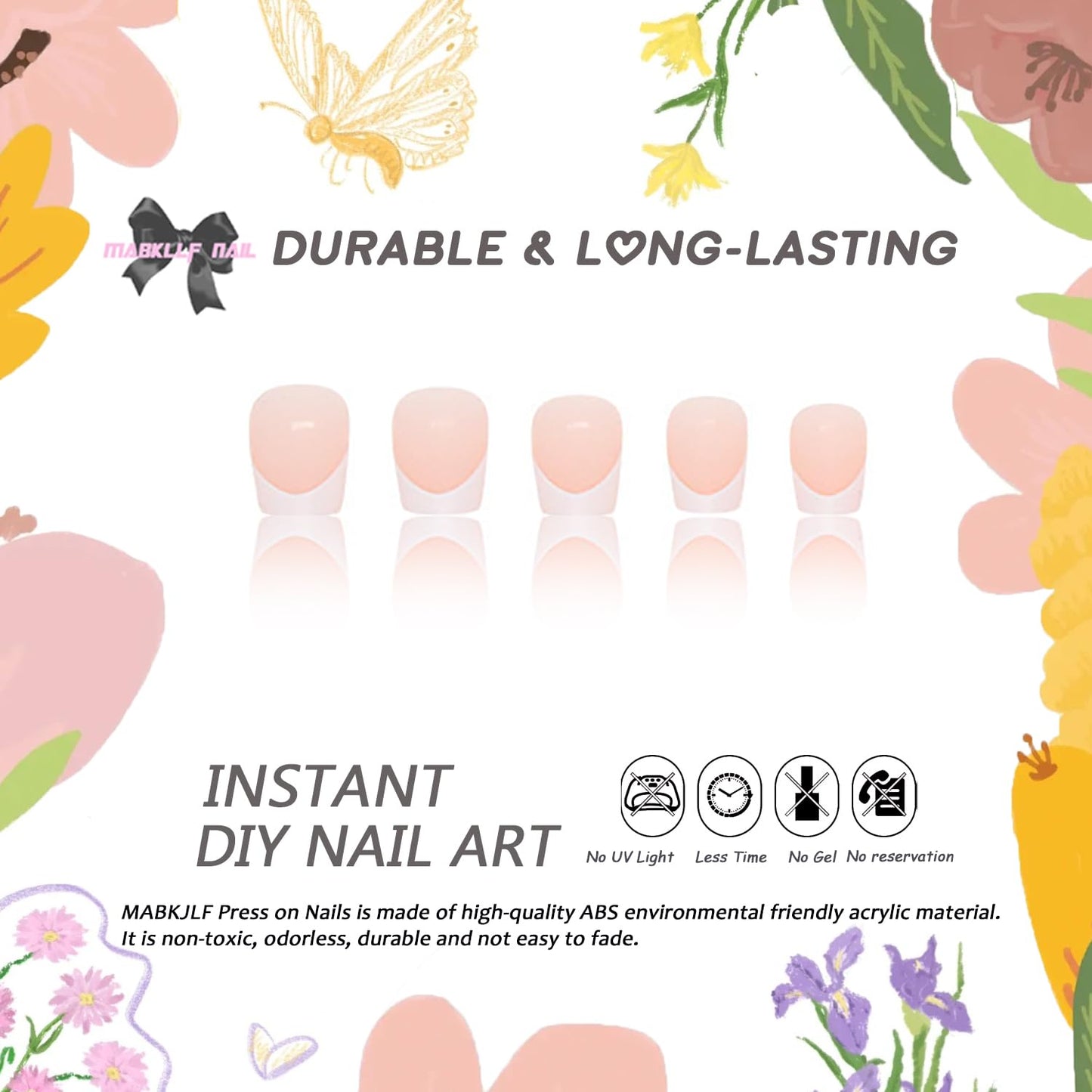 MABKJLF Extra Short Square French Tip Fake Nails White Full Cover Glue on False Cute Acrylic Press on Handmade Stick on Artificial Nails for Women Girls 24Pcs