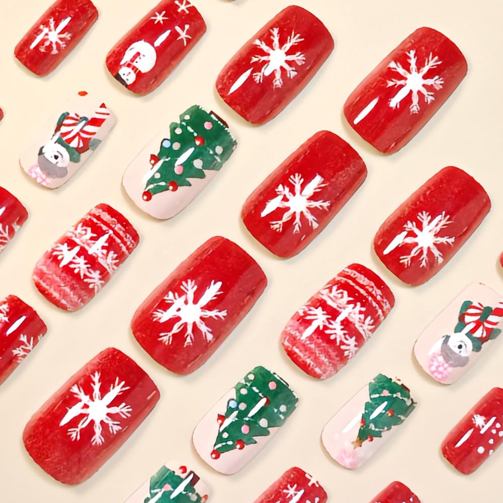 24Pcs Christmas Press on Nail Medium Square Snowman Fake Nail Red Crutch Stick on Nails Full Cover Winter Gel Glue on Nails Xmas Snowflake False Nails for Women Girls Manicure Kit