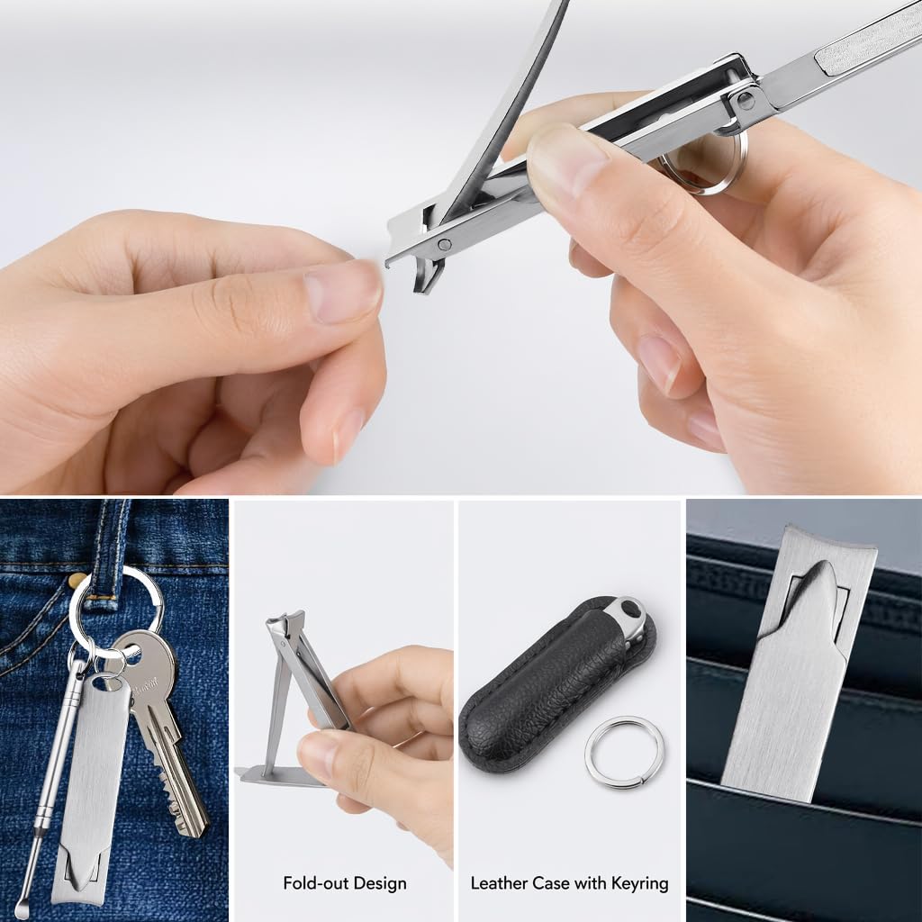 SG NEKOO Portable Ultra Thin Nail Clippers for Fingernail and Toenails, Stainless Steel Foldable Keychain Nail Cutter with Ear Pick and Case, Slim Travel Design for Men Women Adult