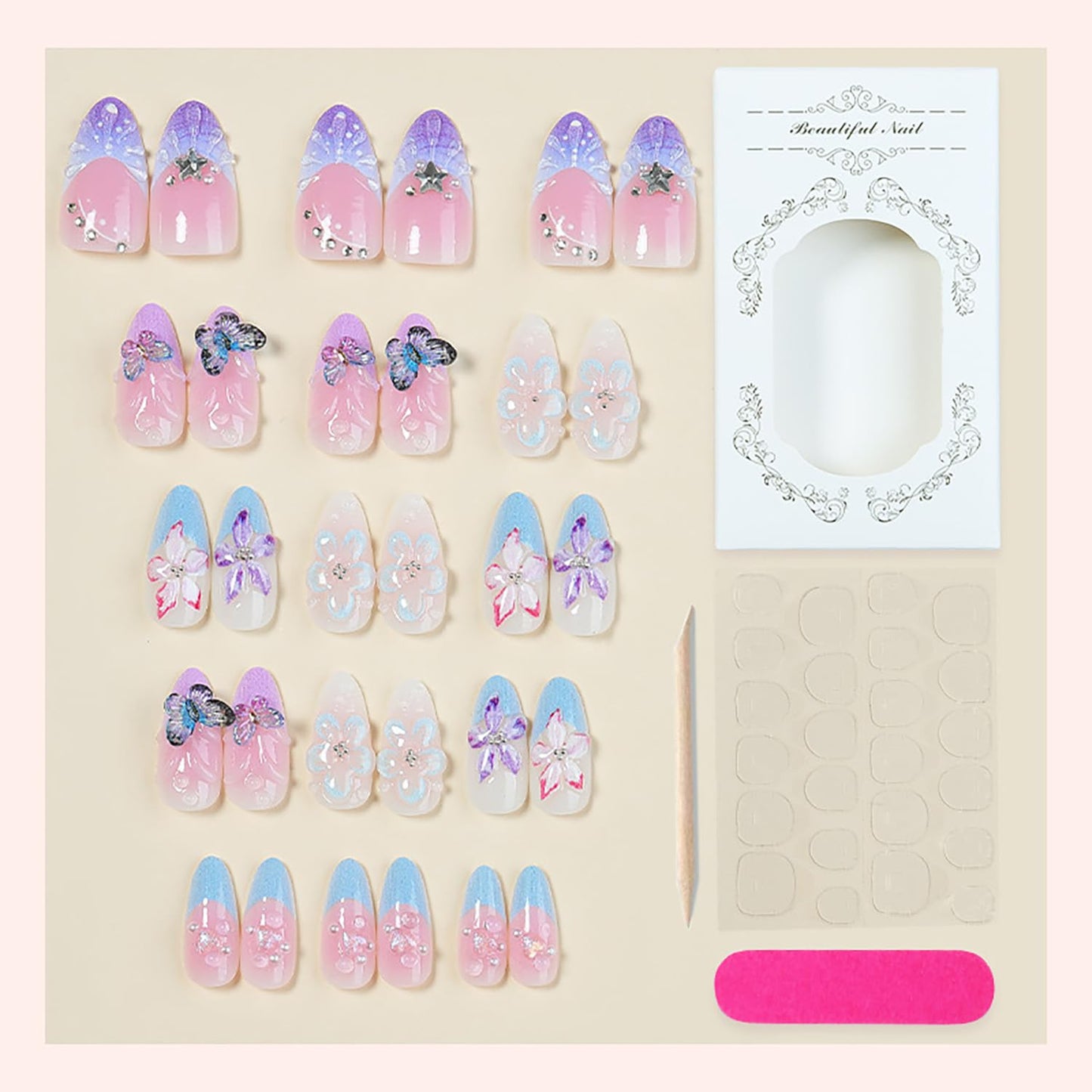 30Pcs Spring Butterfly Press on Nails Medium Almond Purple French Tip Fake Nails with Butterflies Rhinestones Cute Flower Acrylic Nails Spring False Nail Set Floral Full Cover Stick on Nails for Women