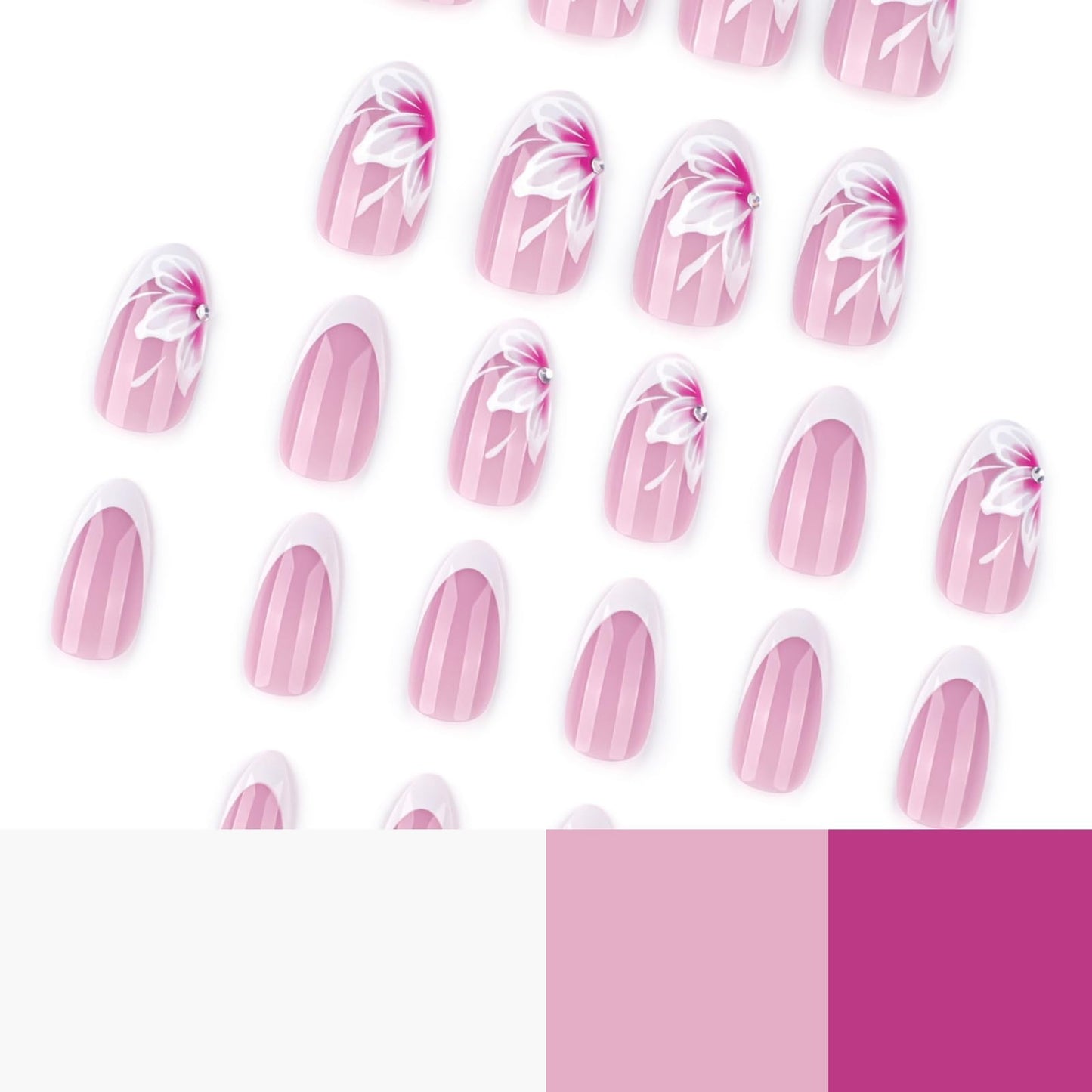 Almond Press on Nails Short Fake Nails French Tip False Nails Cute Artificial Nails with Pink Floral Designs Stick on Nails for Women 24pcs