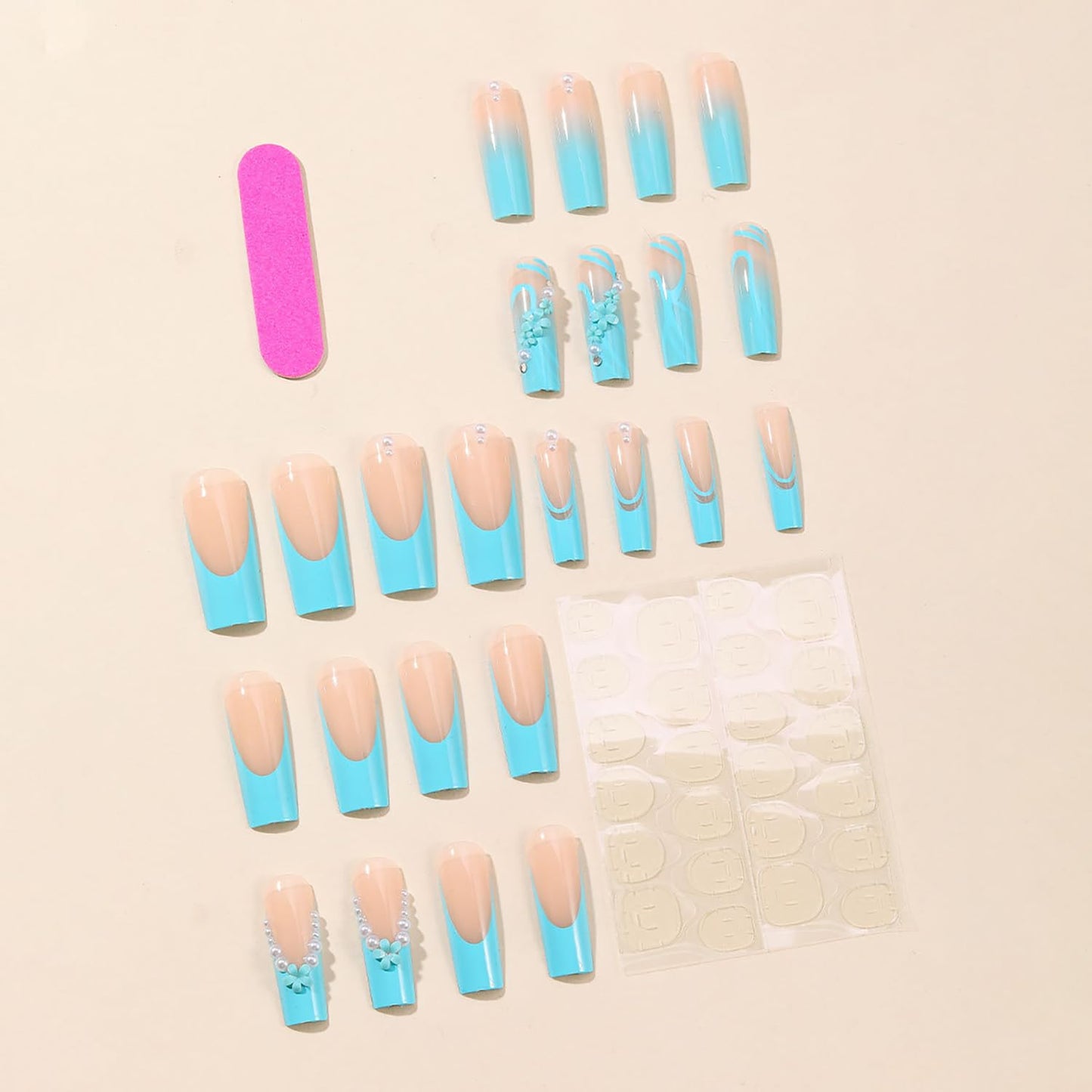 FIEONCIY Press on Nails Coffin Long Blue Glossy Full Cover Acrylic Square French False Nails with Floral Pearl Designs Artificial Ballerina Fake Nails with Charm Glue Stick on Fingernails for Women