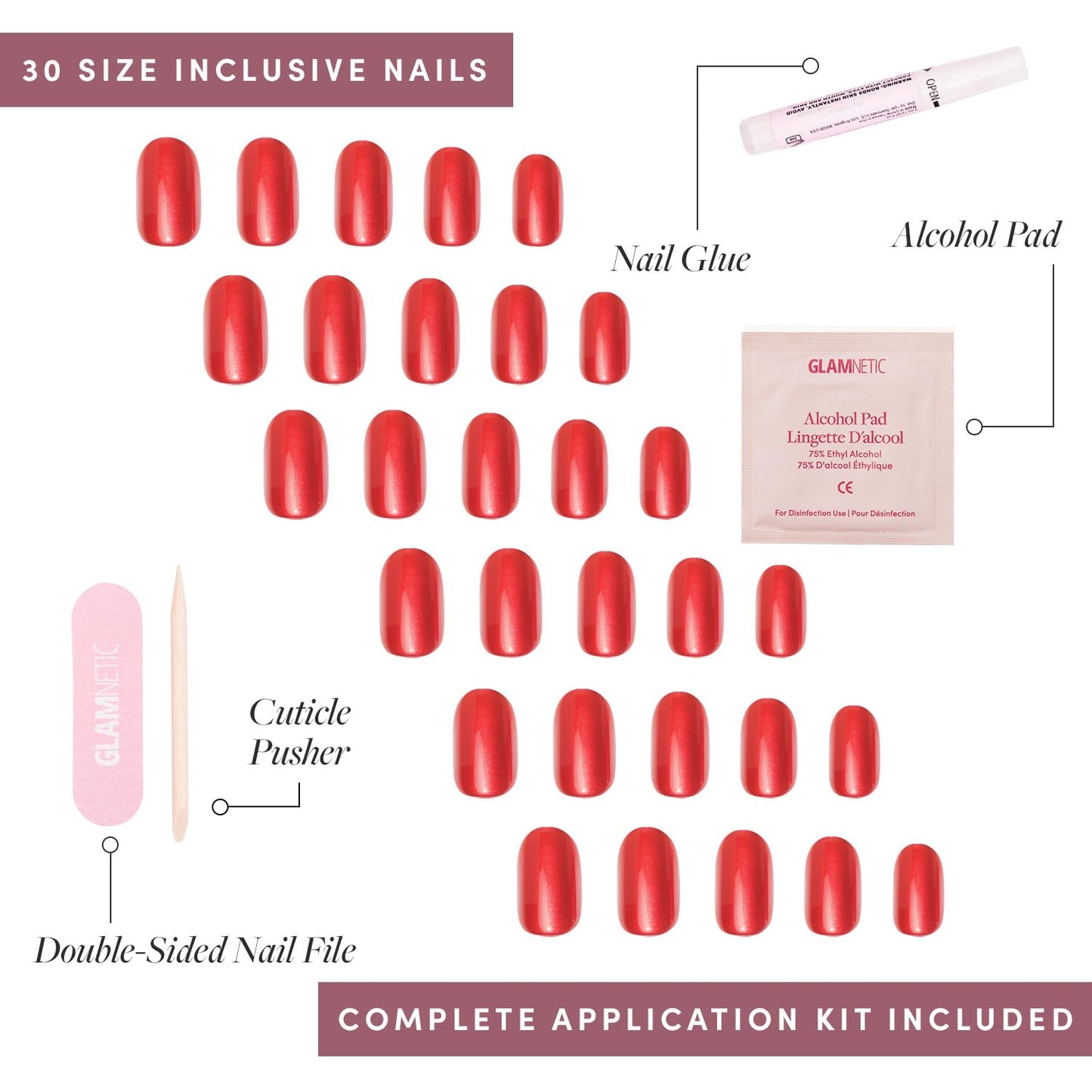 Glamnetic Press-On Nails Bundle - Cosmic, Cherry Glaze & Goal Digger | Sparkly Black Squoval Fake Nails | Glazed Almond False Nails | Natural Round False Nails with Gold Foil