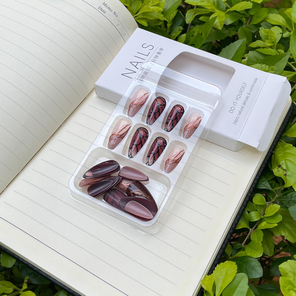 24Pcs Medium Almond Press on Nails Brown Acrylic False Nails With Butterfly Designs Fake Fingernails 3D Gold Curve Line Glossy Full Cover Artificial Fale Nails Kit Reusable Women Girls Manicure