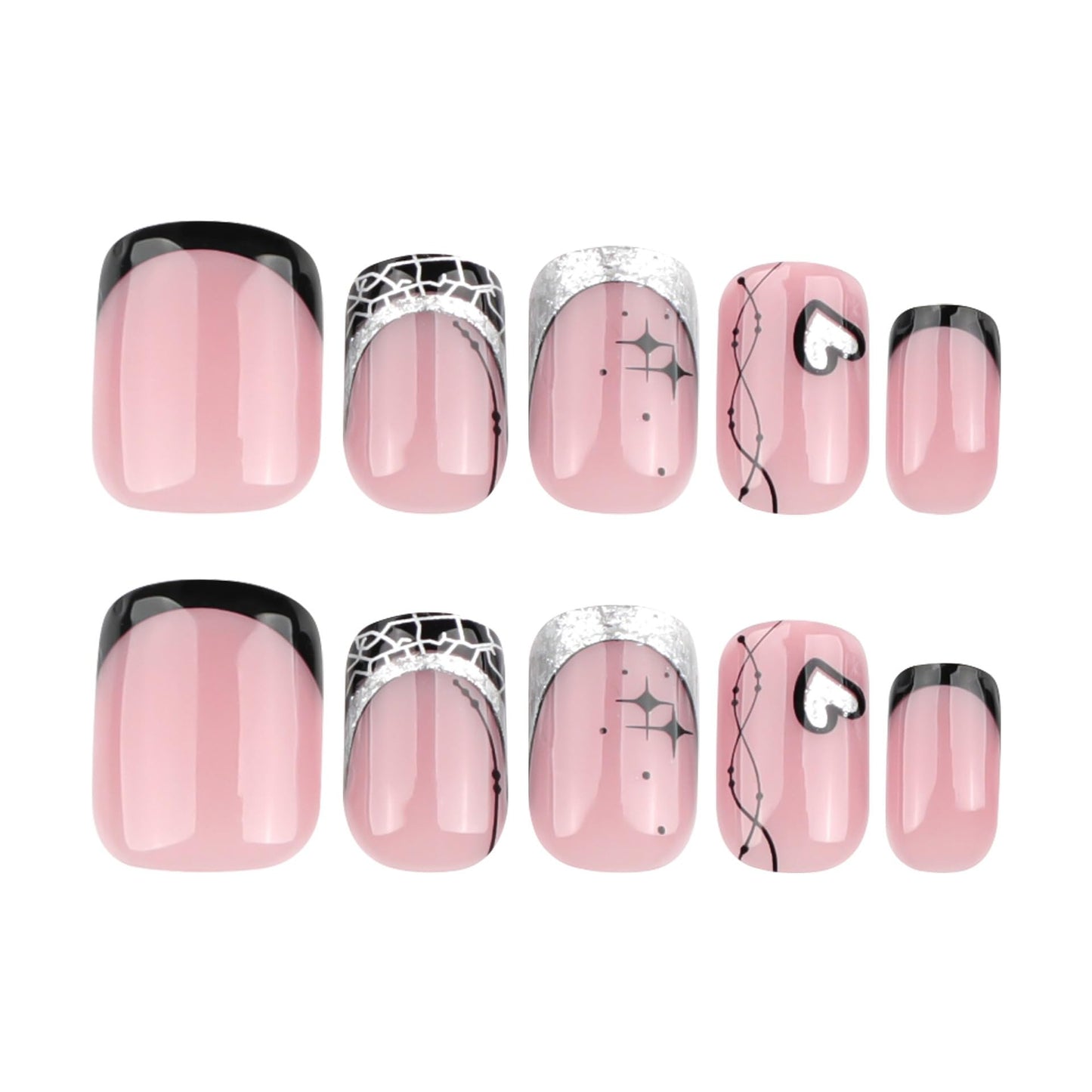 CTTHNBD Medium Press on Nails Square - Black French Tip Fake Nails with Heart Stripes Design - Rhinestone, Stick on False Nails - for Women 24 Pcs