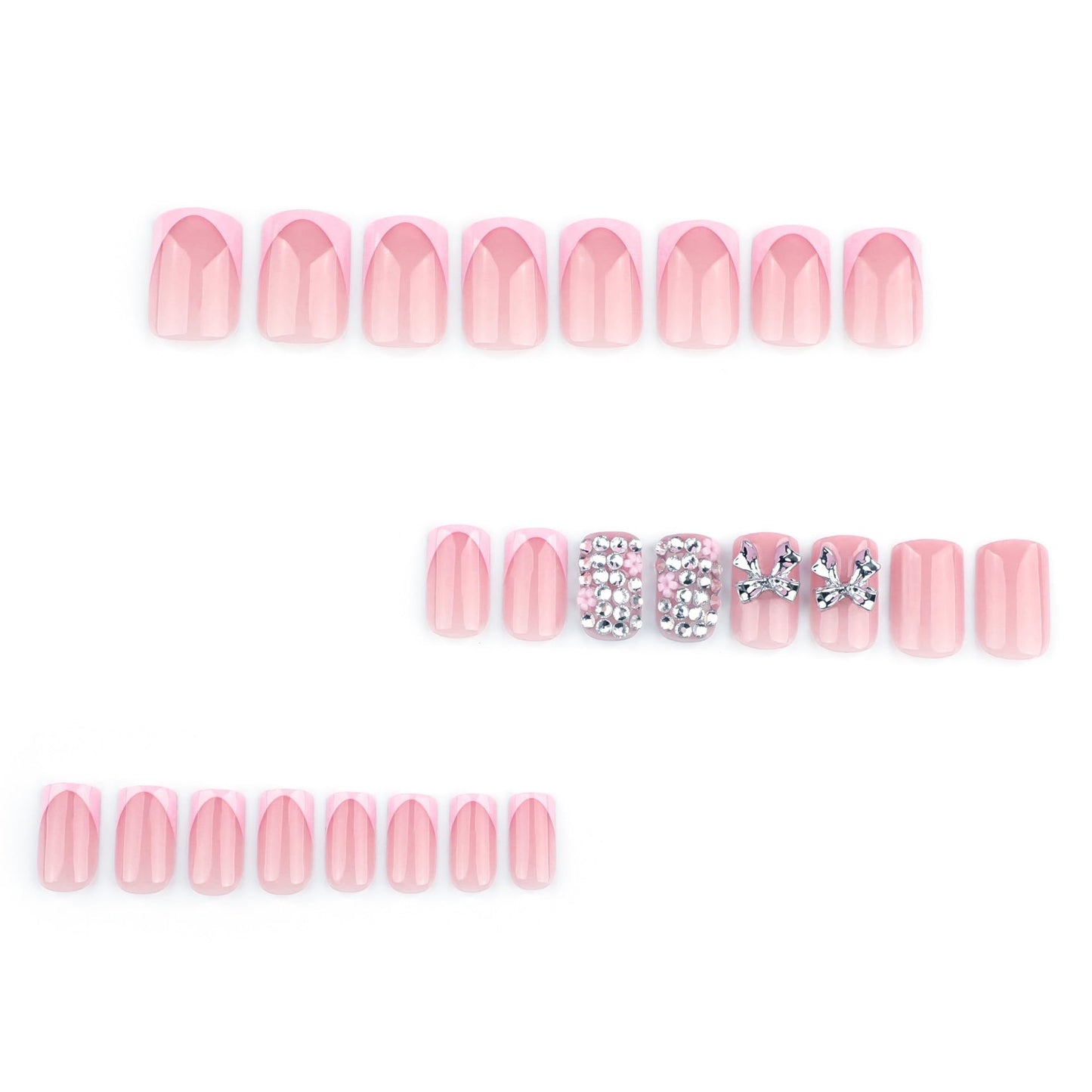 Short Press on Nails Square - Pink French Tip Fake Nails with Silver Bow Design - Rhinestone, Glossy Full Cover Stick on False Nails - for Women 24 Pcs