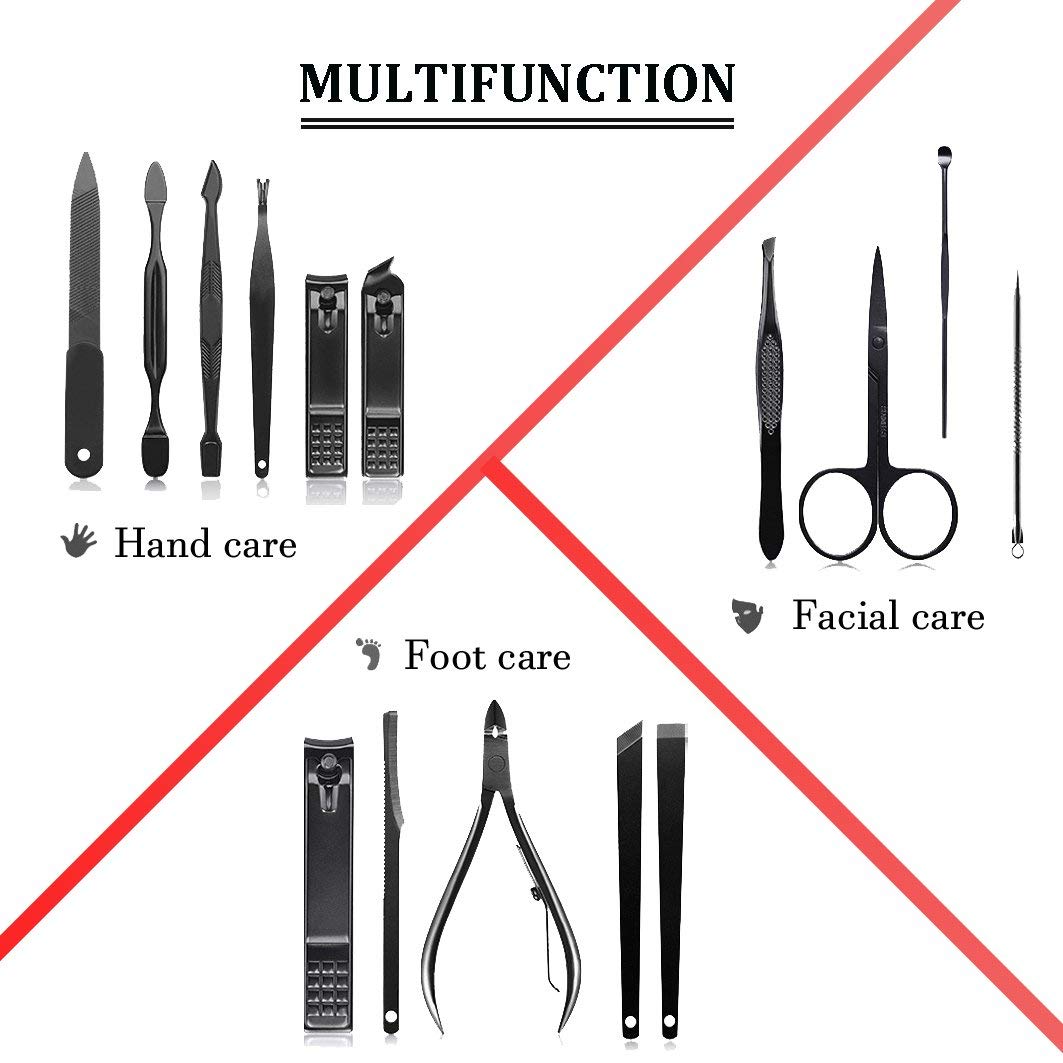 Keiby Citom Professional Stainless Steel Nail Clipper Travel & Grooming Kit Nail Tools Manicure & Pedicure Set of 15pcs with Luxurious Case (Black/Red)