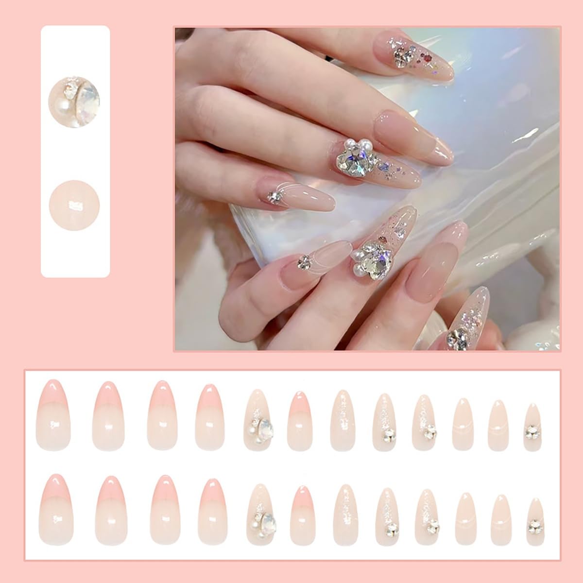 Nude Press on Nails Medium Almond Fake Nails with Glue White Pearl Design Glitter Glossy Acrylic Nails Design Gems Charms Fake Nails for Women DIY Manicure Decoration 24PCS