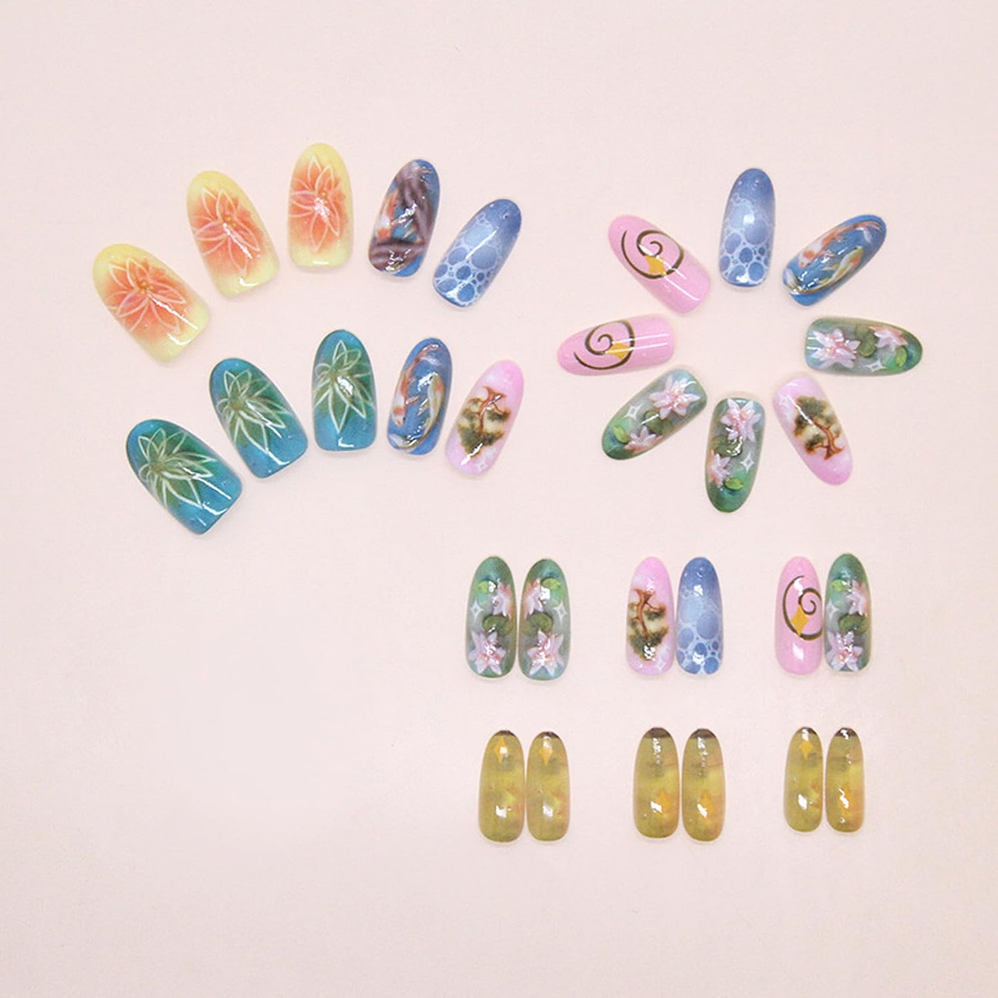 24Pcs Green Press on Nails Medium Almond Fake Nails with Lotus and Lucky Koi Design, Glossy Full Cover Stick on Nails Wearable Spring Summer Ins Fake Nail Tips for Women DIY Manicure Daily Wear