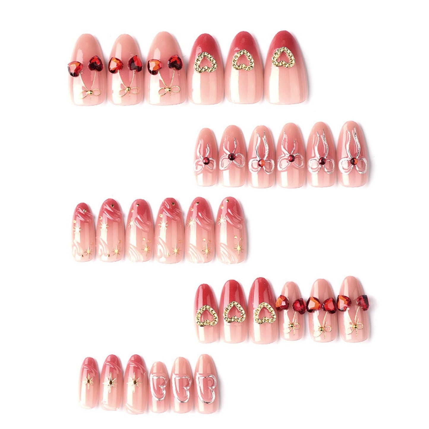 Medium Almond Press on Nails for Women, Fake Nails with Heart & Gold Bow Artificial Stick on Nails