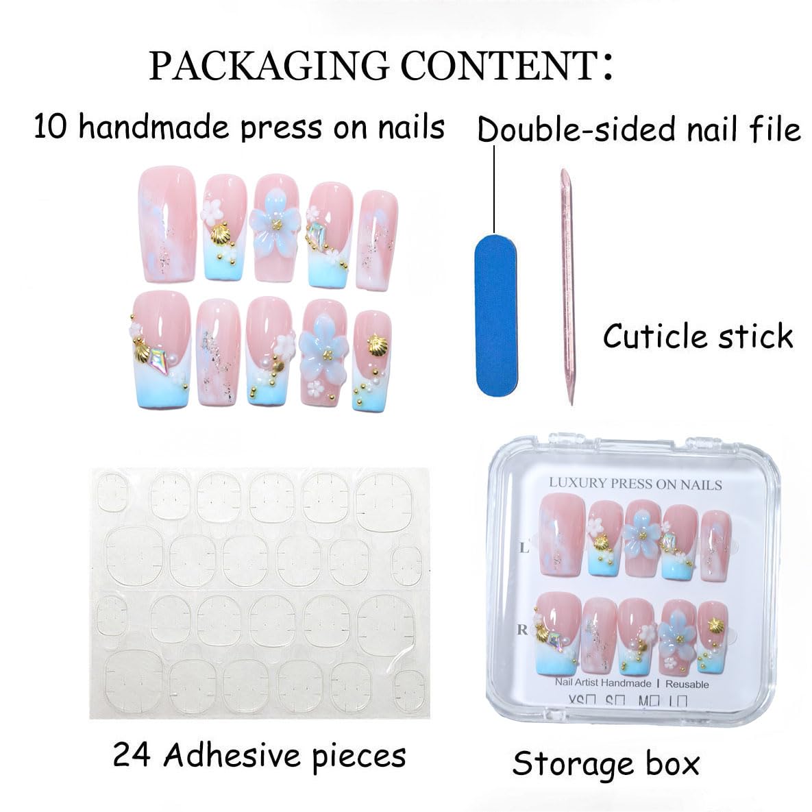 10Pcs Long Coffin Handmade Press On Nails | Easy Apply & Remove, Reusable Salon Quality Nails | Fresh Summer Pink Blue Fake Nails with 3D Flower, Gold Seashell & Rhinestone French Accents (O907, S)
