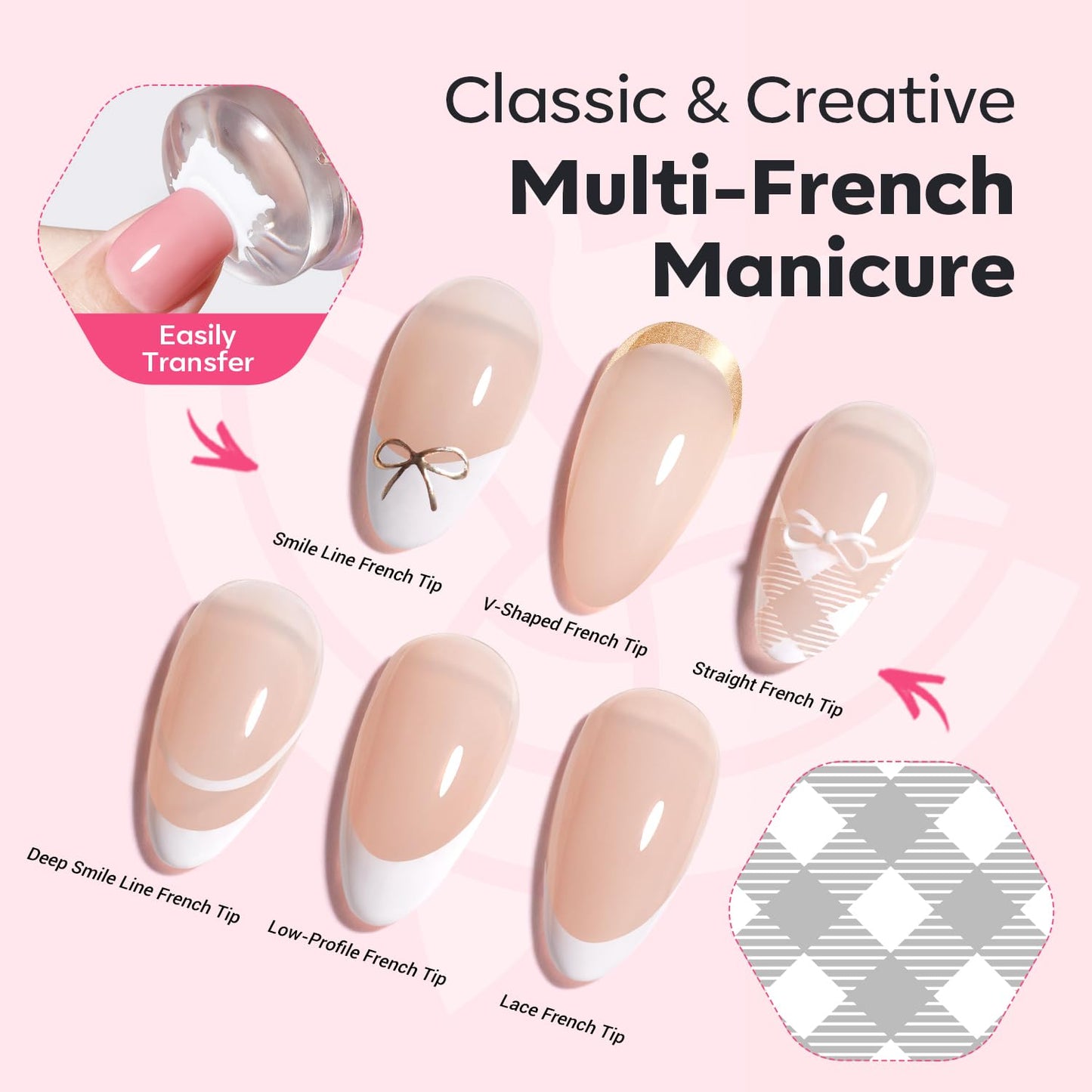 Modelones 16PCS Plaid Nail Stamping Kit – French Tip Stamper White Black Painting Gel Polish Chrome Powder Proof Matte Gel Top Coat Gingham Template Dual Nail Art Brush Summer Manicure Gift for Women