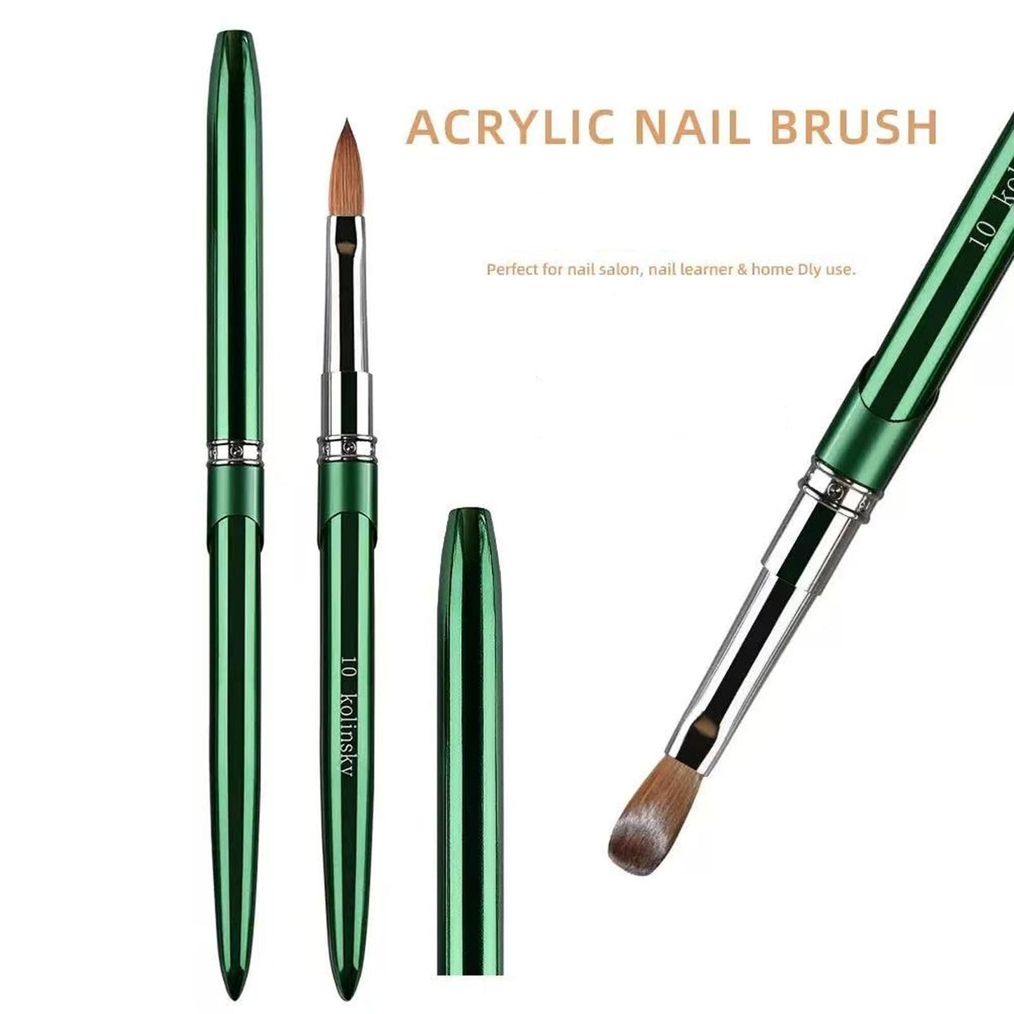 100% Kolinsky Nail Art Brushes Acrylic Nail Brushes Pure Kolinsky Hair Acrylic Crystal Chrome Green Handle with Silver Ferrule Round Shaped for Women Girls Manicure Tools Accessories-Size 10