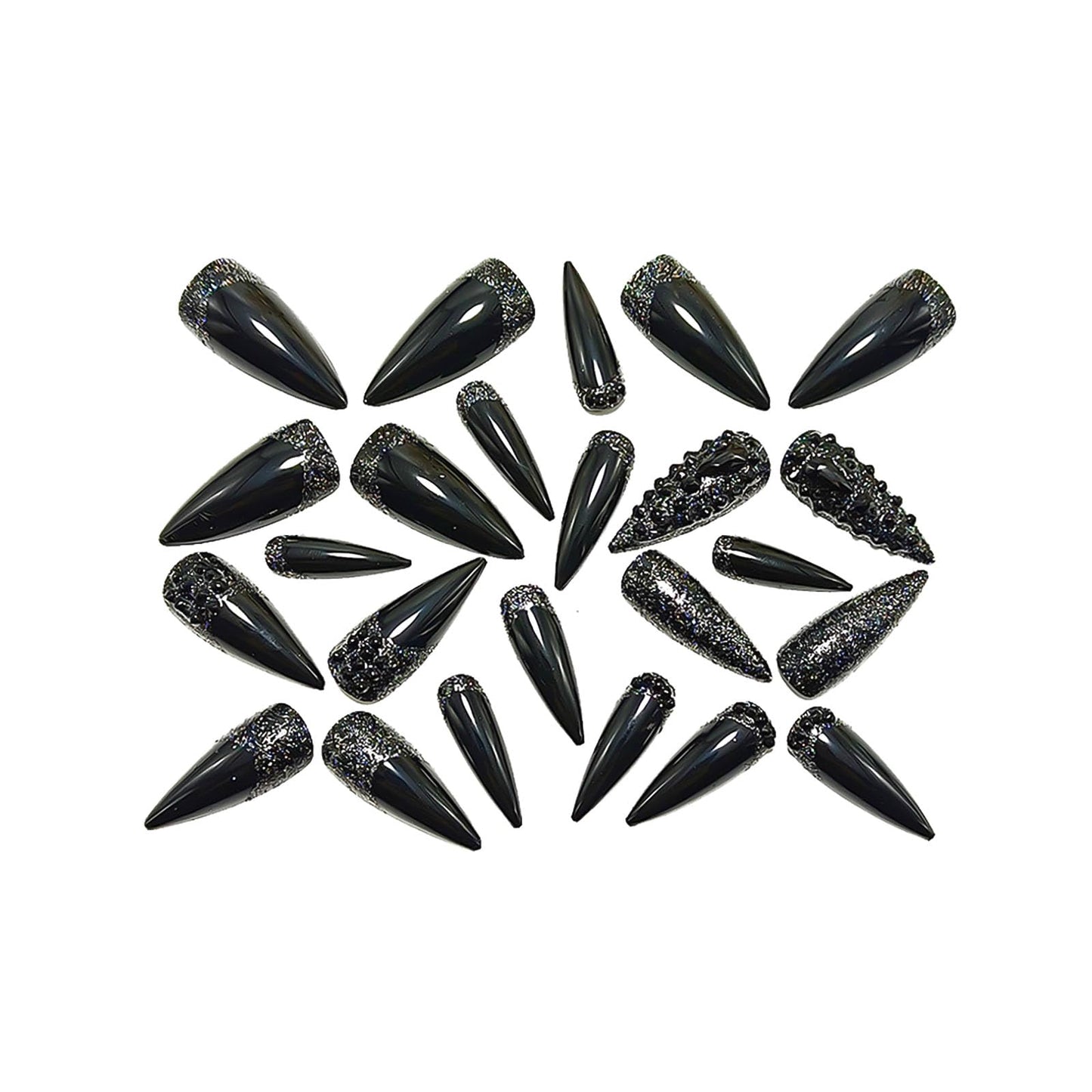RUOKEXIN Long Almond Press on Nails French Tip Fake Nails Black False Nails with Rhinestones Designs Stiletto Nail Press ons Sparkly Artificial Nails for Women 24Pcs