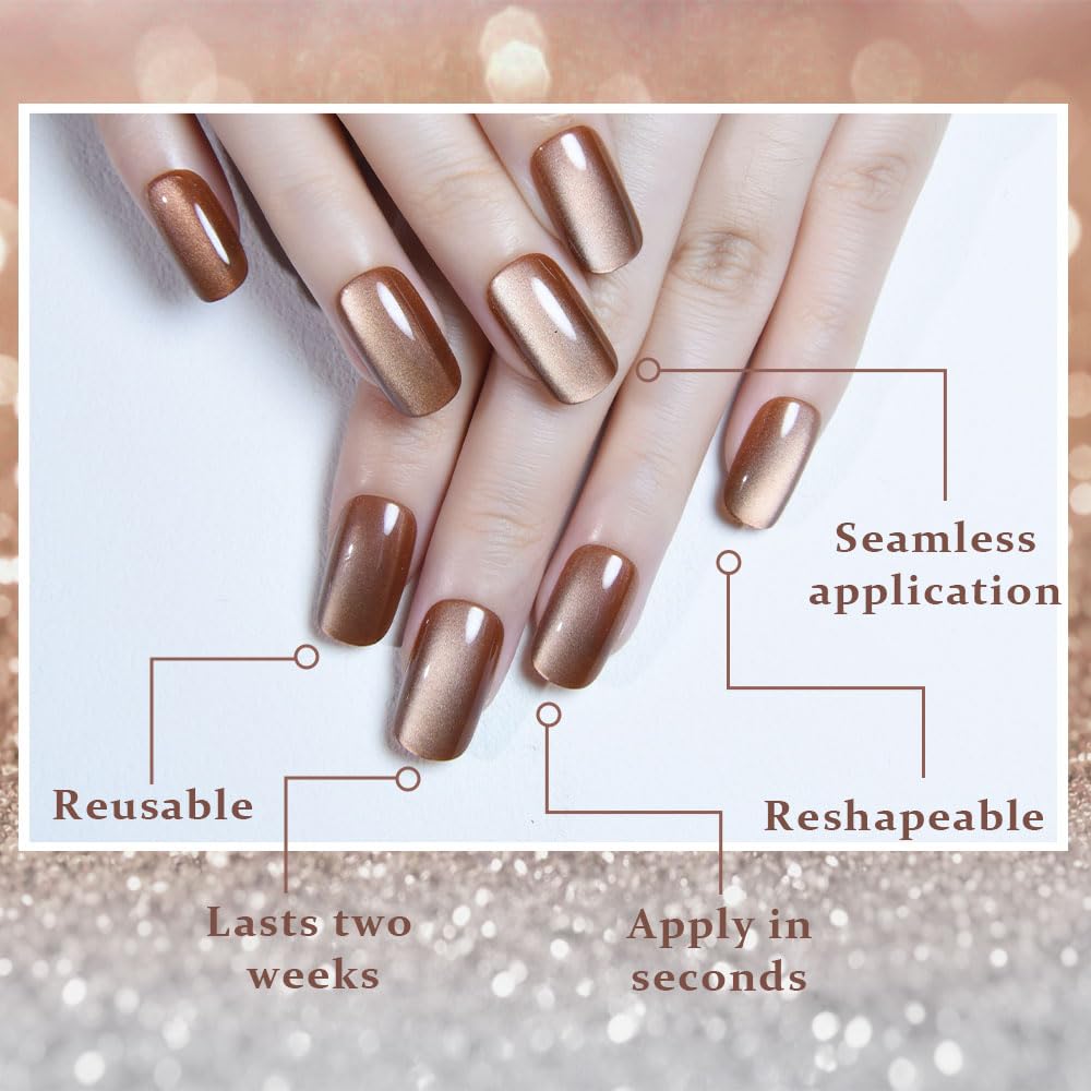 XZMeiLun Brown Press On Nails - Cat Eye Medium Square Magnetic Acrylic Fake Nails, Stylish Design, Salon-Quality Shiny Finish, Reusable Stick On Nails Kit for Women, Daily Wear (No Glue Included)