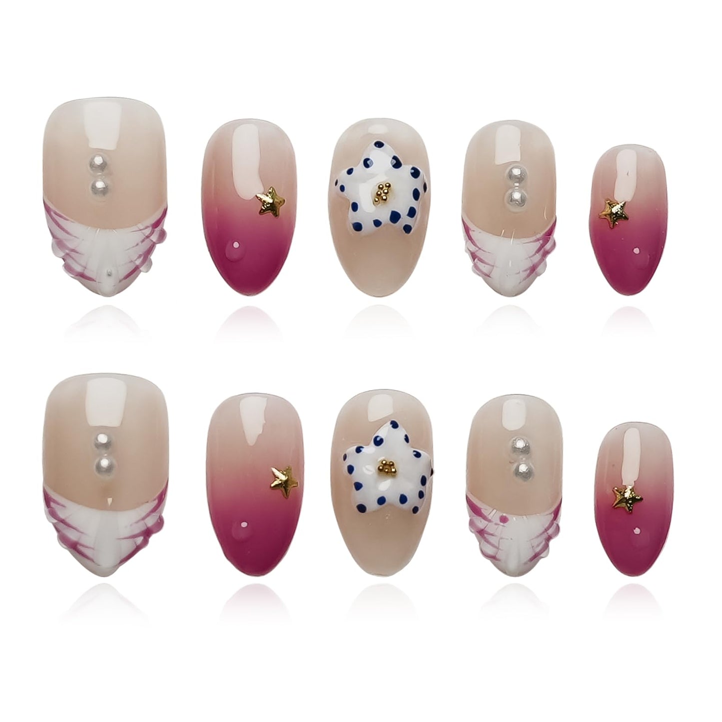 Tesytto Handmade 3D Floral Press on Nails Short Almond - Plum Gradient on a Nude Base, Water Ripple Pearl & Ombre Pink French Tip Holiday Fake Nails (Coral Violeta,M)