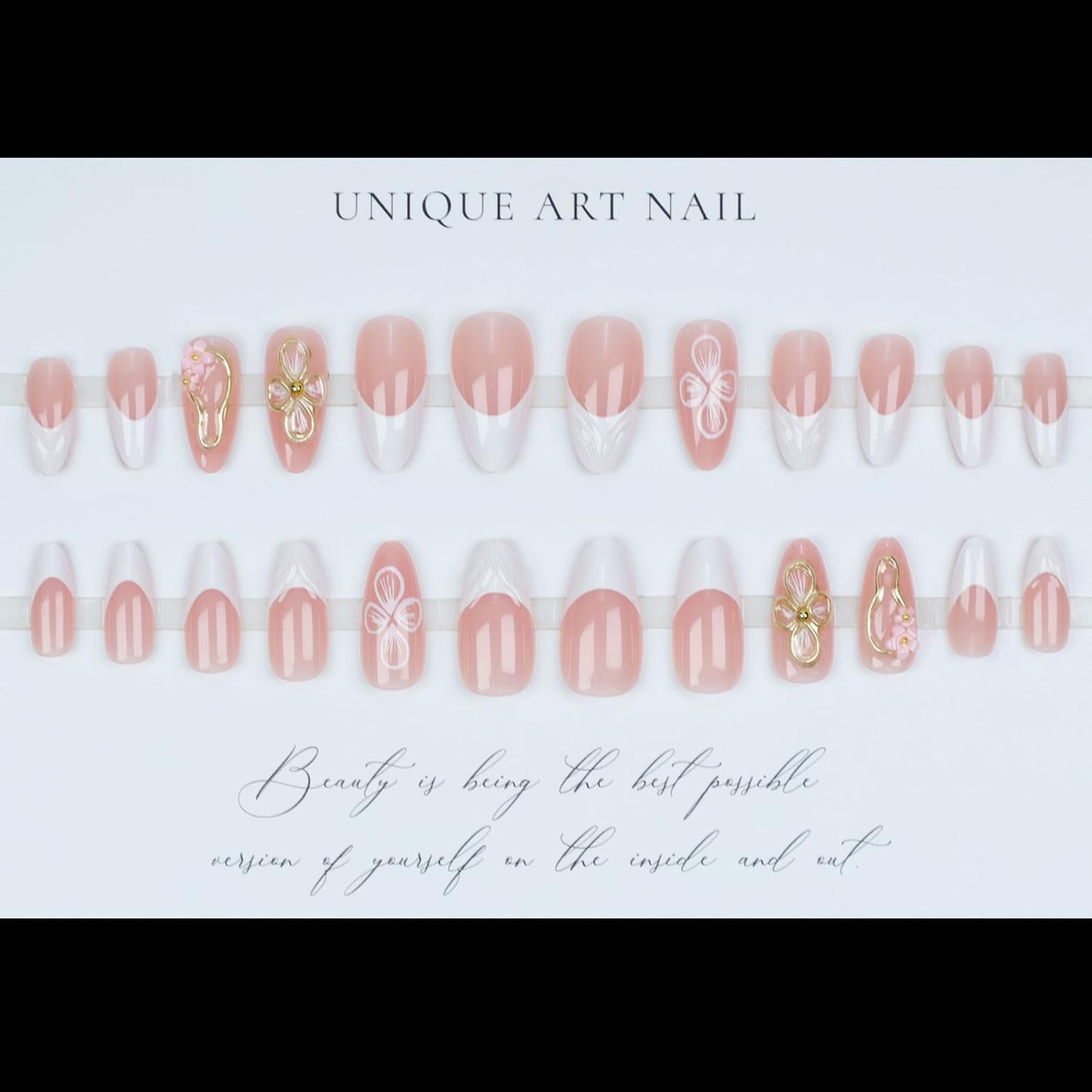 French Flower Press On Nails Almond Medium Fake Nails Press Ons With Gold Hollow Out Design False Nails Glossy Spring Glue On Nails Full Cover Stick On Nails For Women Nail Decorations