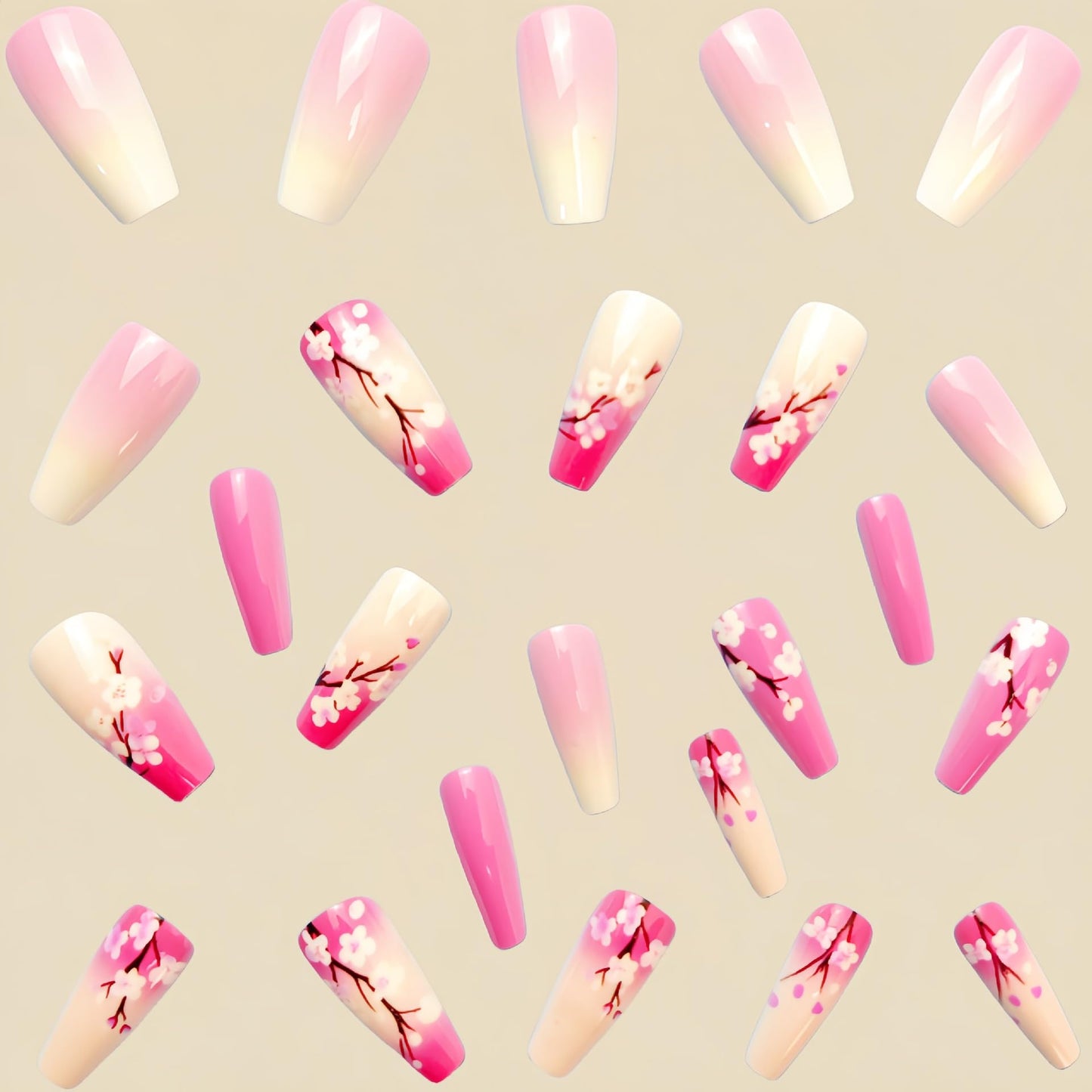 Press on Nails Medium Coffin Fake Nails with Flower Designs Nude Pink Gradient Full Cover Stick on Nails Purple Artificial Acrylic Nails for Women and Girls