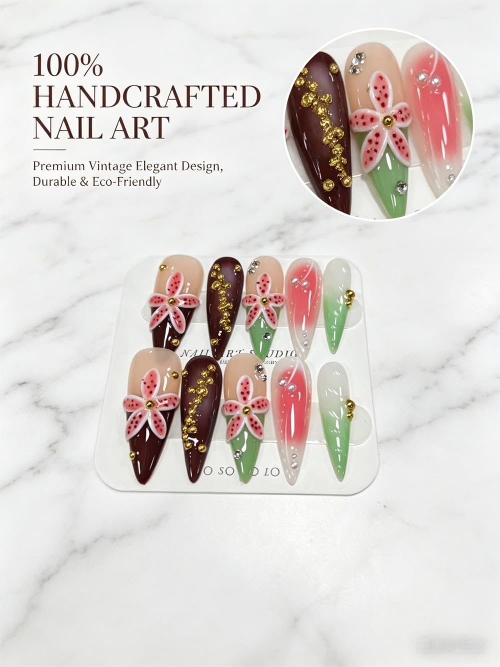 Vokupoga Long Stiletto Handmade Press on Nails French Tip Fake Nails Nude False Nails with 3D Flower Charms Designs Glossy Artificial Nails for Women 10Pcs(Size M)