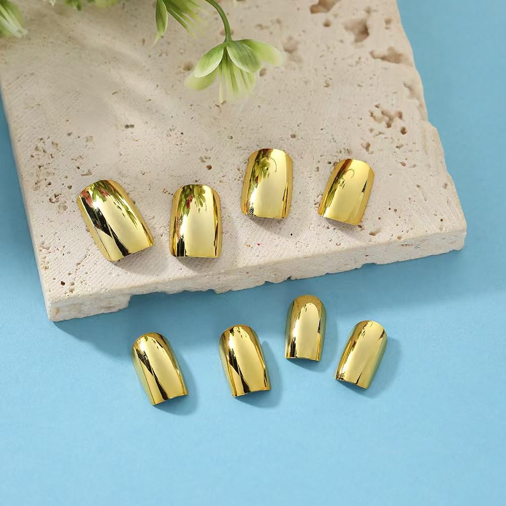 Gold Press on nails Metal Chrome Fake Nails Short Square False Nails Press ons Mirror Golden Acrylic Nails Glossy Luxurious Metal Glue Stick on Nail for Women Manicure 24pcs