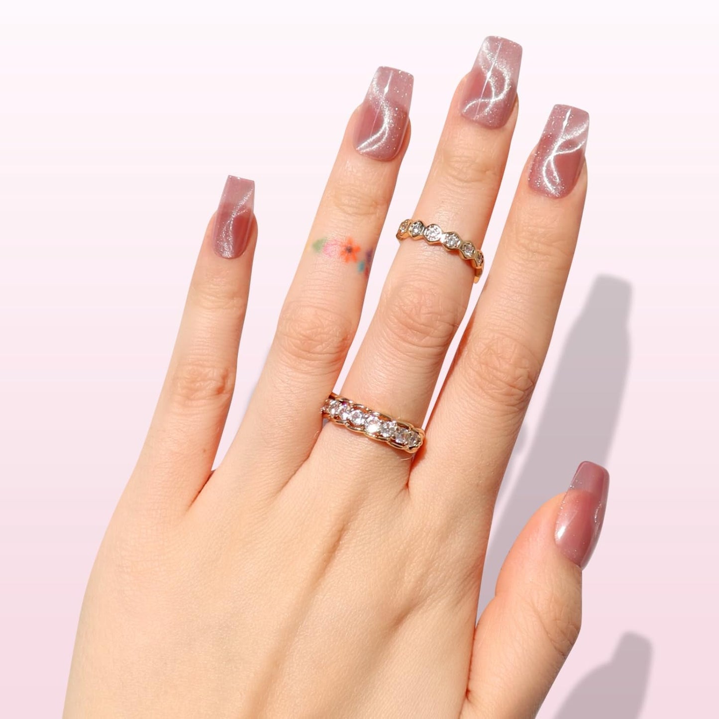 Nail Reformation Press On Nails, Pink Sway | Short Coffin Fake Nails with Velvet Cat Eye, Salon Quality, Reusable Stick On Neutral Nails in 16 Sizes - 32 Nail Kit with Glue, Manicure Gifts for Women