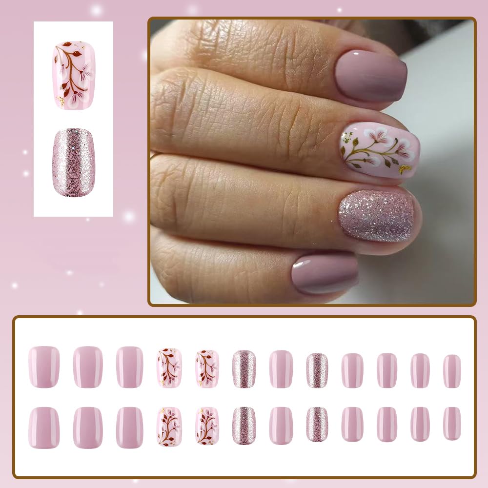 Taoyisent Nude Pink Press On Nails Short Square Glossy, Floral Glitter Fake Nails with Elegant Blossom Design, Reusable Full Cover Stick On Nails for Women Wedding Office Daily Wear, 24PCS