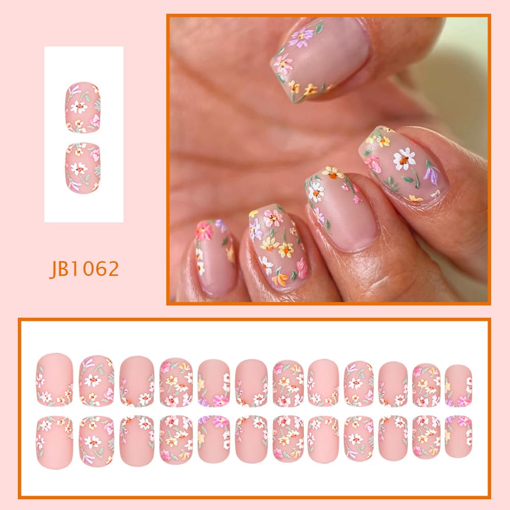 Short Press on Nails Daisy Flower Fake Nail Matter Glue on Nails Square Floral False Nail Spring Full Cover Stick on Nails Artificial Reusable Acrylic Nail for Women 24Pcs