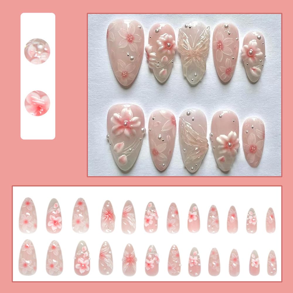 24 Pcs Pink Press on Nails Short Almond,MINGCHUN Fall Fake Nails Press ons Acrylic Nail Art Tips Kit Full Cover False Nails Glue on Nails with Flowers Pearl 3D Texture Design for Women Nail Supplies
