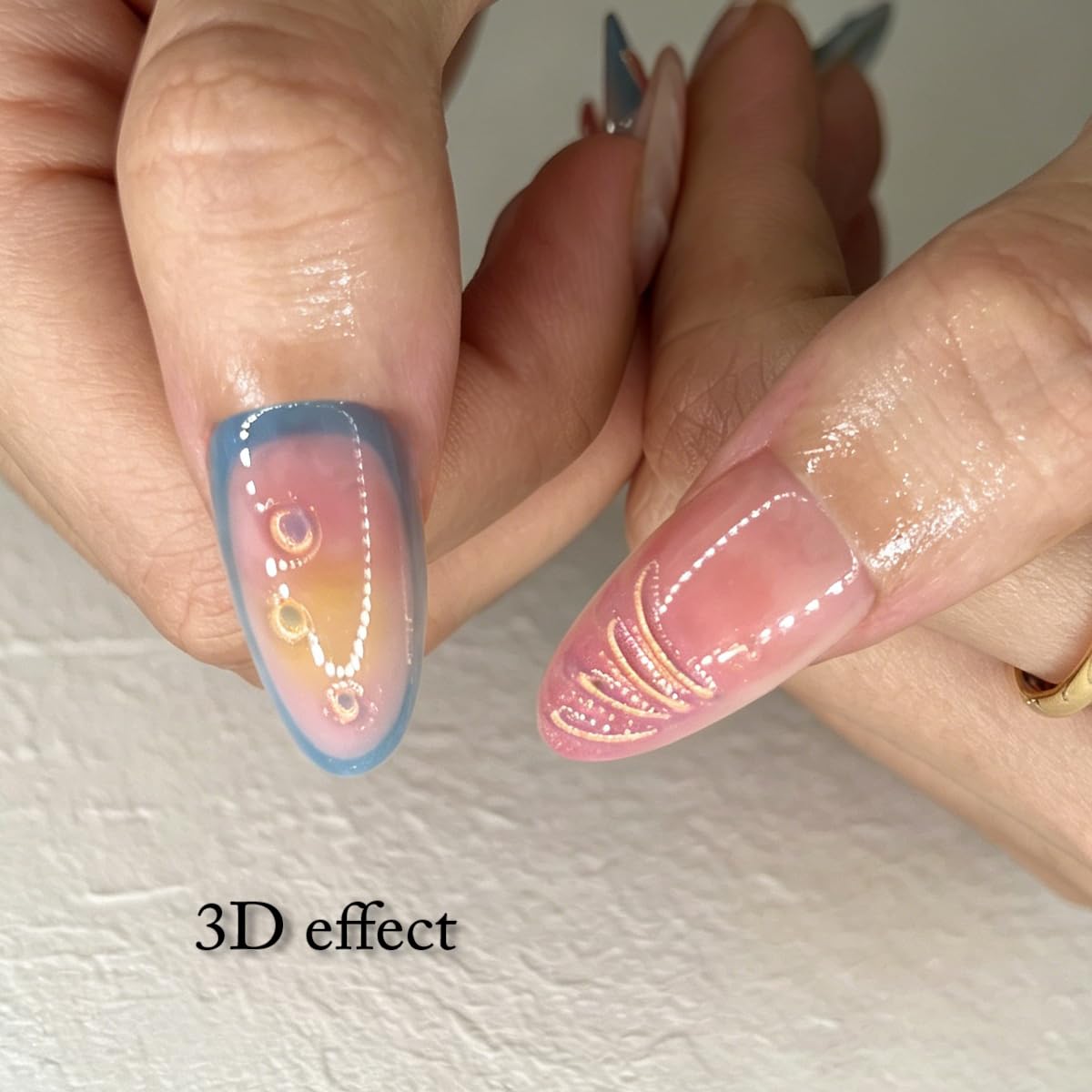 3D Press On Nails Almond Medium French Fake Nails with Cat's Eye Embossed Starfish Pearl Lines Summer Beach Designs, Acrylic Artificial Nail Press ons False Stick On Nails for Women Girls 30Pcs