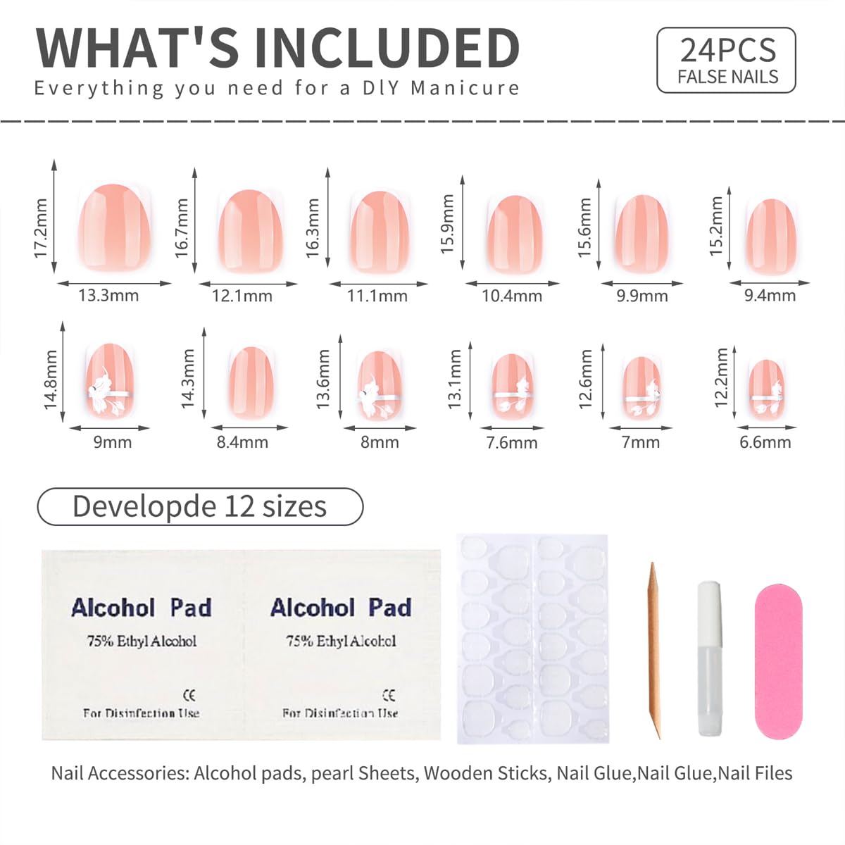 Mivota Fall Short Press On Nails Square Nude Fake Nails with White French Tips Delicately Adorned with White Flower Silver lines Fake Nails Gel Stick On Nails Set Glue on Nails for Women, 24Pcs