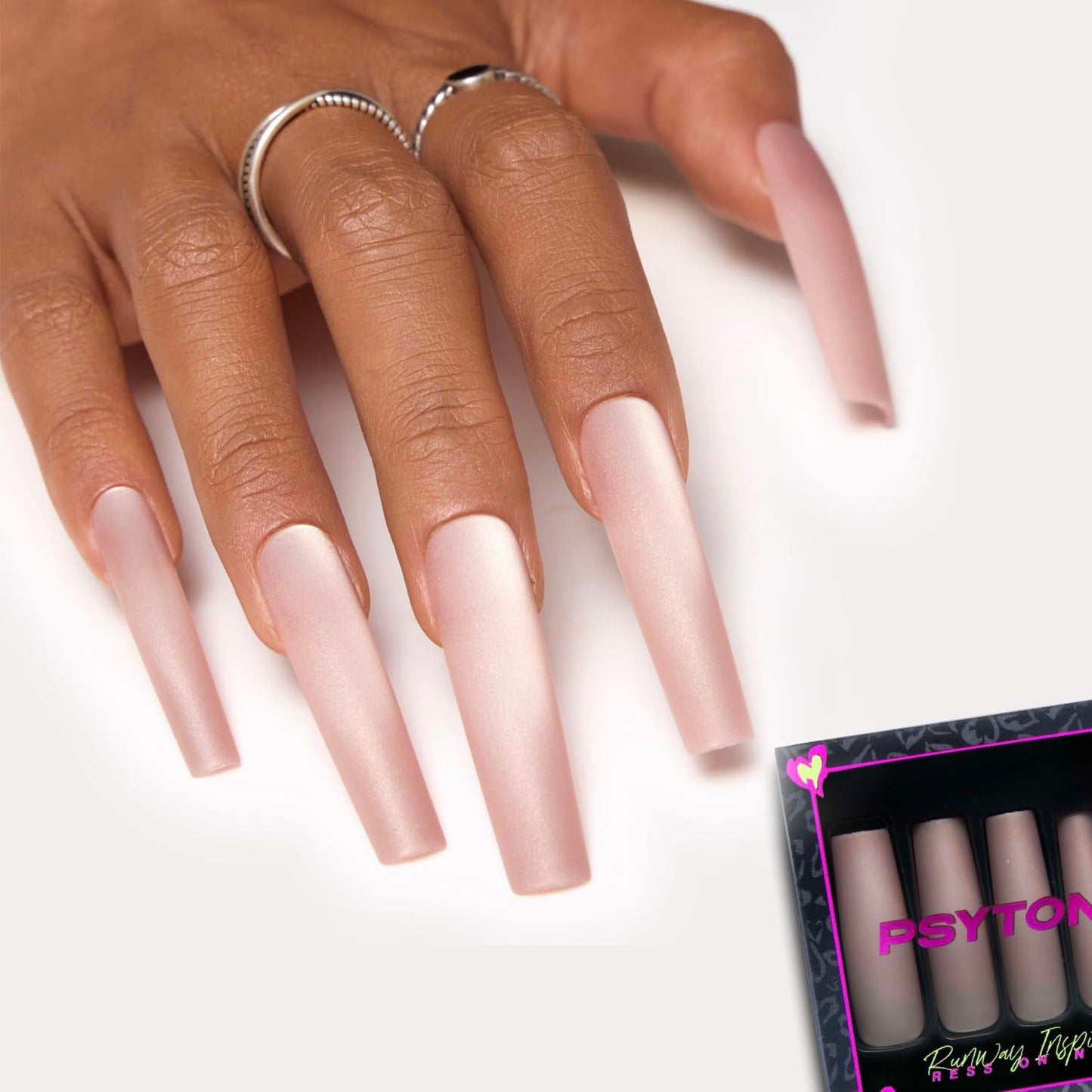 PSYTONE Matte Cat Eye Extra Long Square Press On Nails|15 Sizes - 30 Nail, Frosted Nude Pink Reusable Fake Nails Kit with Glue & Tools, Velvet Matt Finish for Women, Wedding, Daily Wear