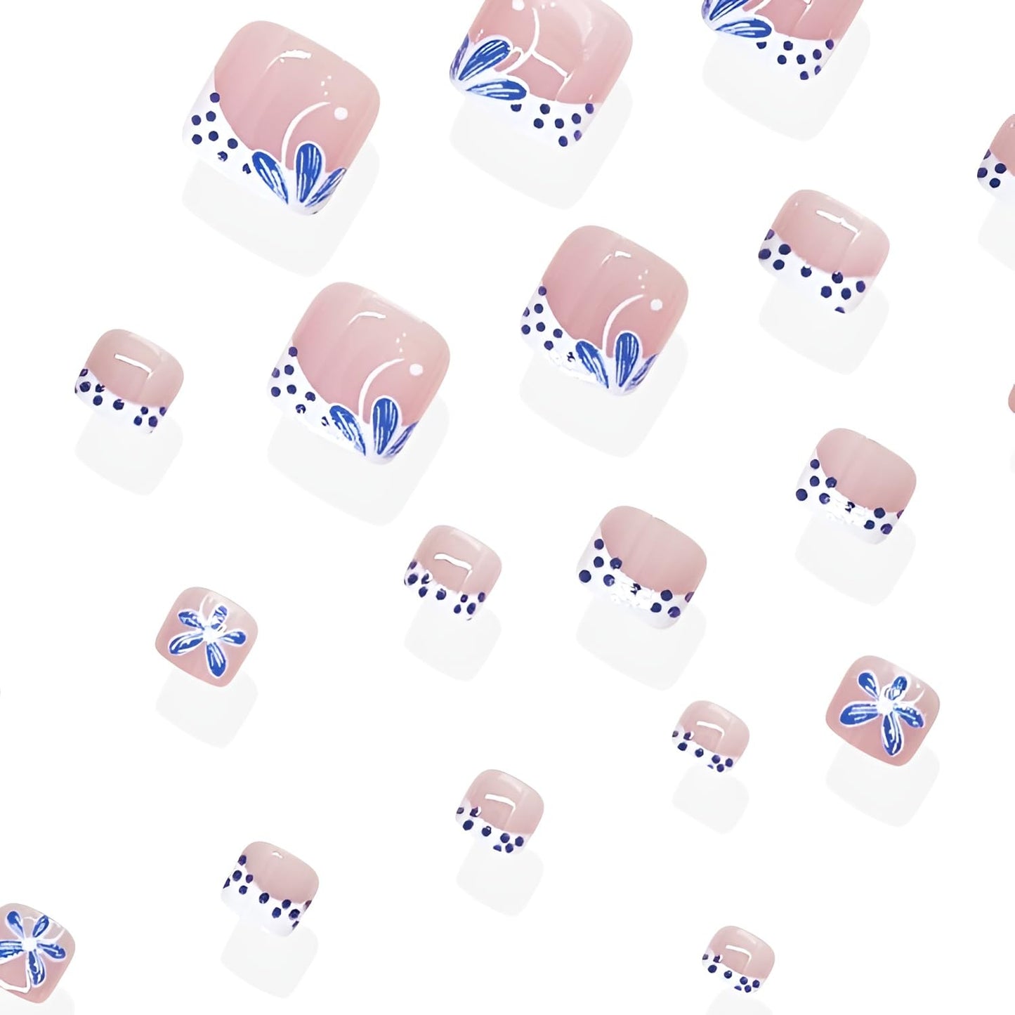French Tip Press on Toenails Short Square Fake Toe Nails Polka Dot Toenail Press ons Flower False Toenails White Blue Stick on Toenail Glossy Glue on Toe Nail for Women Decorations Set 24Pcs