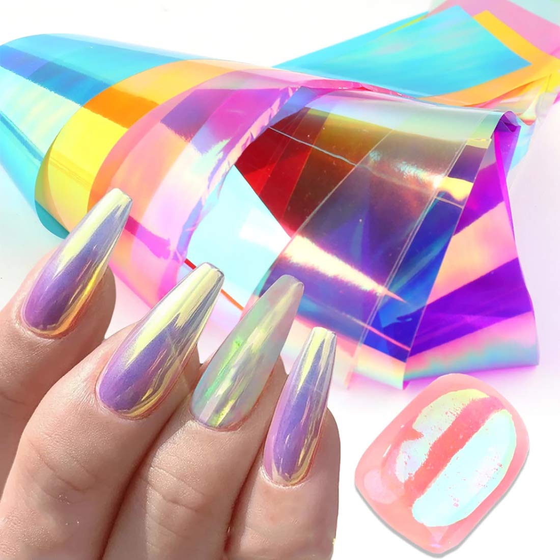 Holographic Nail Foil, 20 Rolls Iridescent Cellophane Nail Stickers Glass Paper Aurora Nail Foil Stickers Nail Decals Nail Accessories Nail Art Supplies (Don't Transfer)