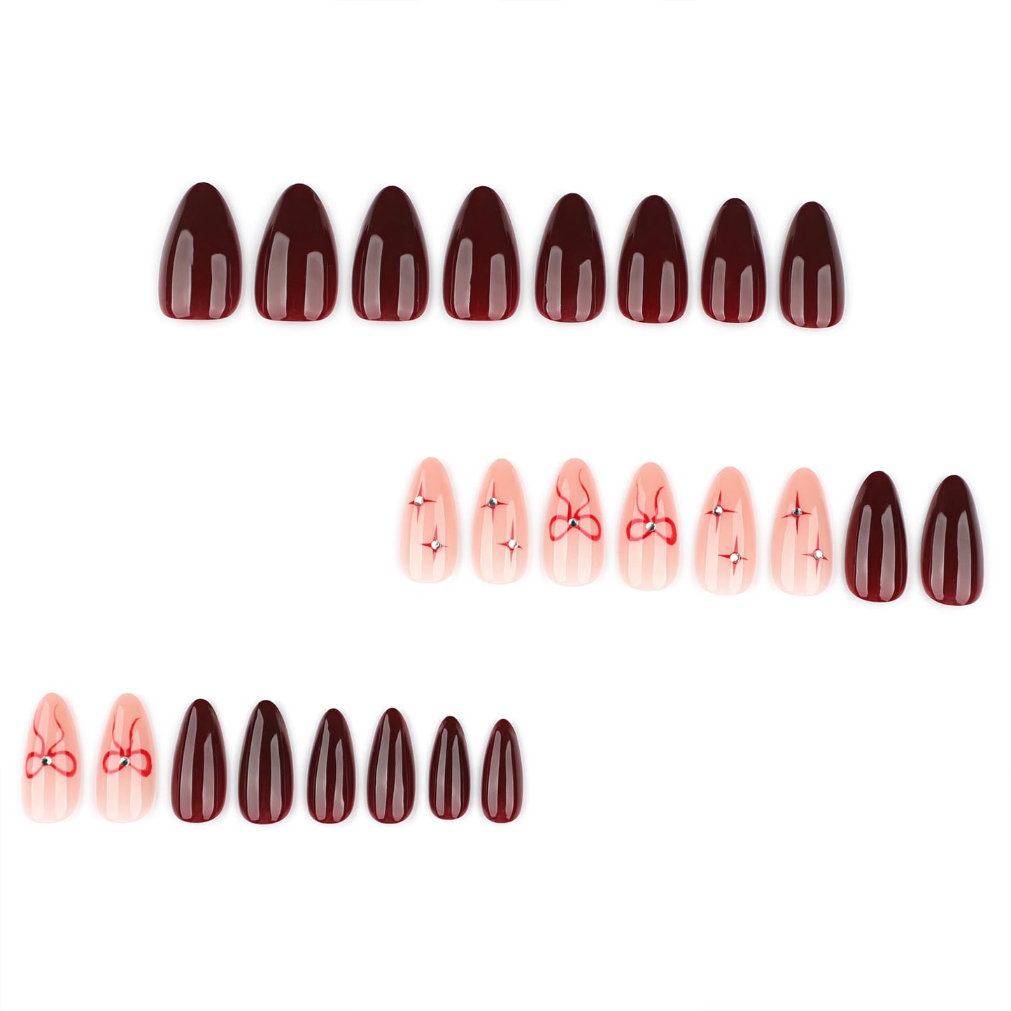 Mivota Soft Gel Press On Nails Medium Almond – Burgundy Ribbon Nude Nail Art, Reusable Luxury Glue-On Nails with Hand-Painted Bow Design, 24PCS Salon-Quality Stick On Nails for Women