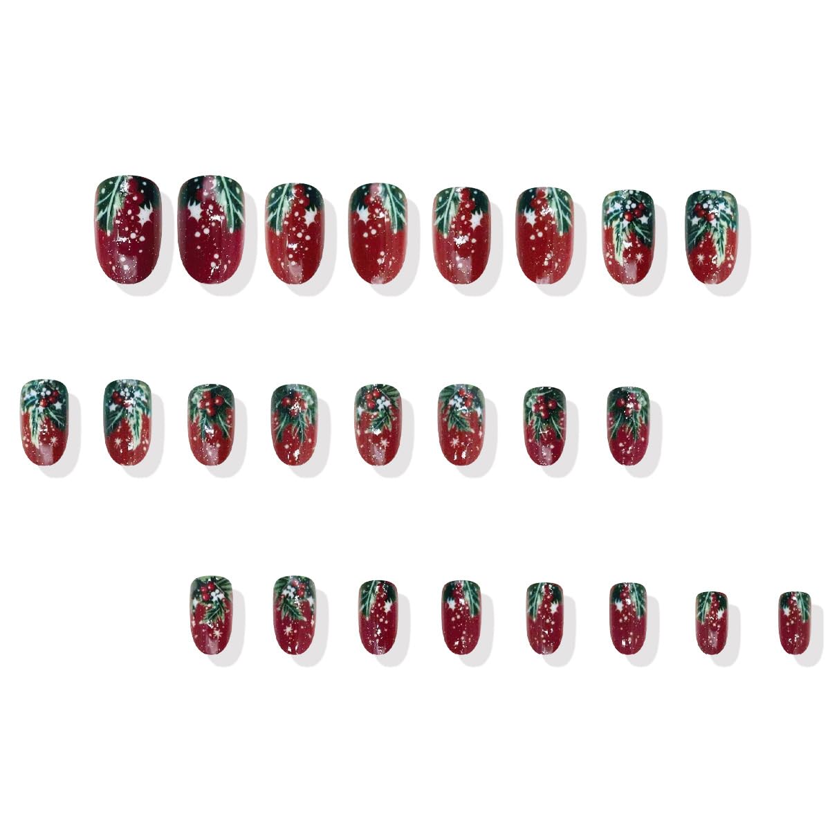 Red Christmas Press on Nails Holly Short Fake Nails with Snowflake Designs Winter Oval Shaped False Nail Xmas Nails Press ons Artificial Full Cover Glue on Nail for Women Holiday Manicure Kit