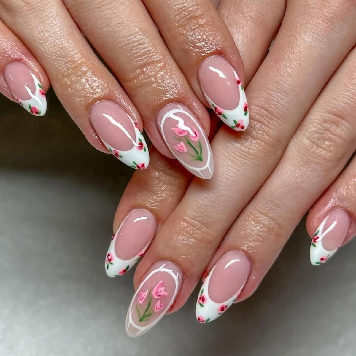 Press on Nails and Toenails Set - 48Pcs Medium Almond French Tip Fake Nails, Nude Pink Base with Tulip Floral Design, Reusable Glue on Nails for Women, Spring Summer Manicure & Pedicure Nail Kit