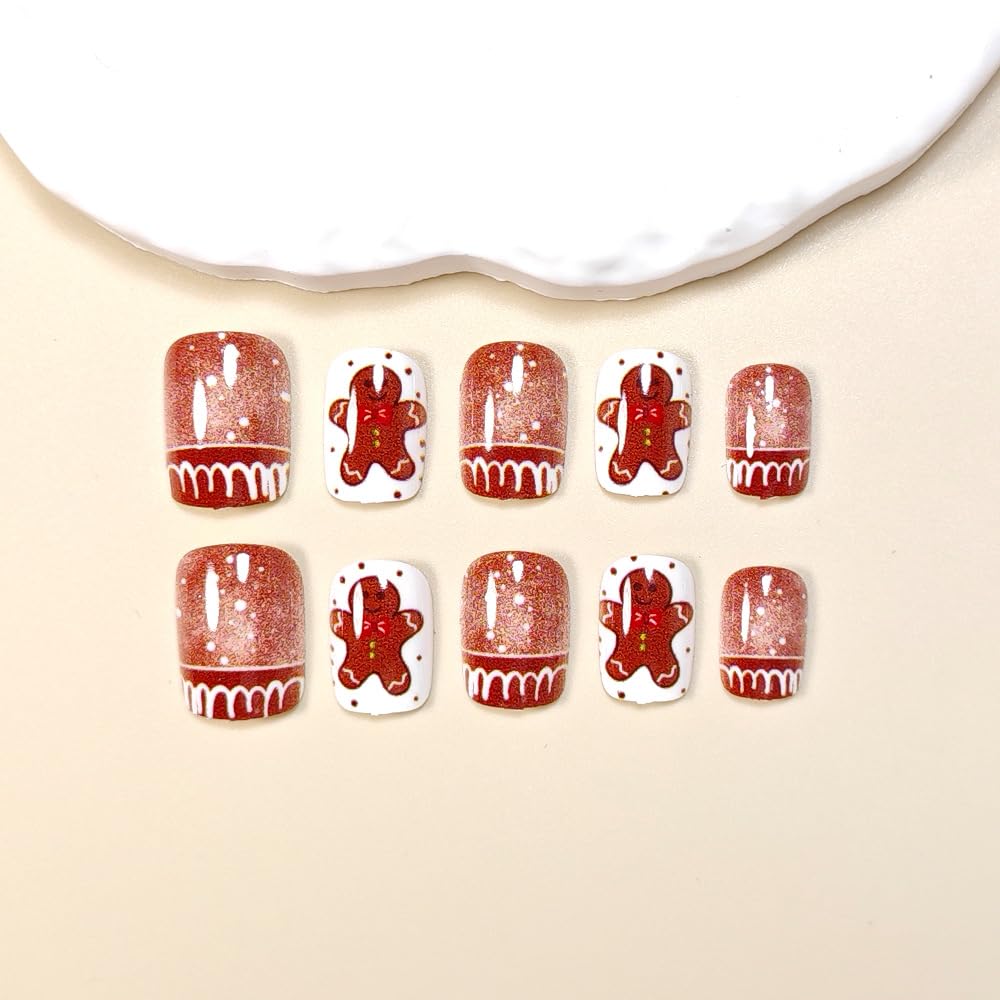 Christmas Gingerbread Man Nails Short Press on Nails Brown Winter Fake Nails Xmas Full Cover Glue on Nail Snow House Square False Nail for Women Christmas Reusable Acrylic Nail 24Pcs