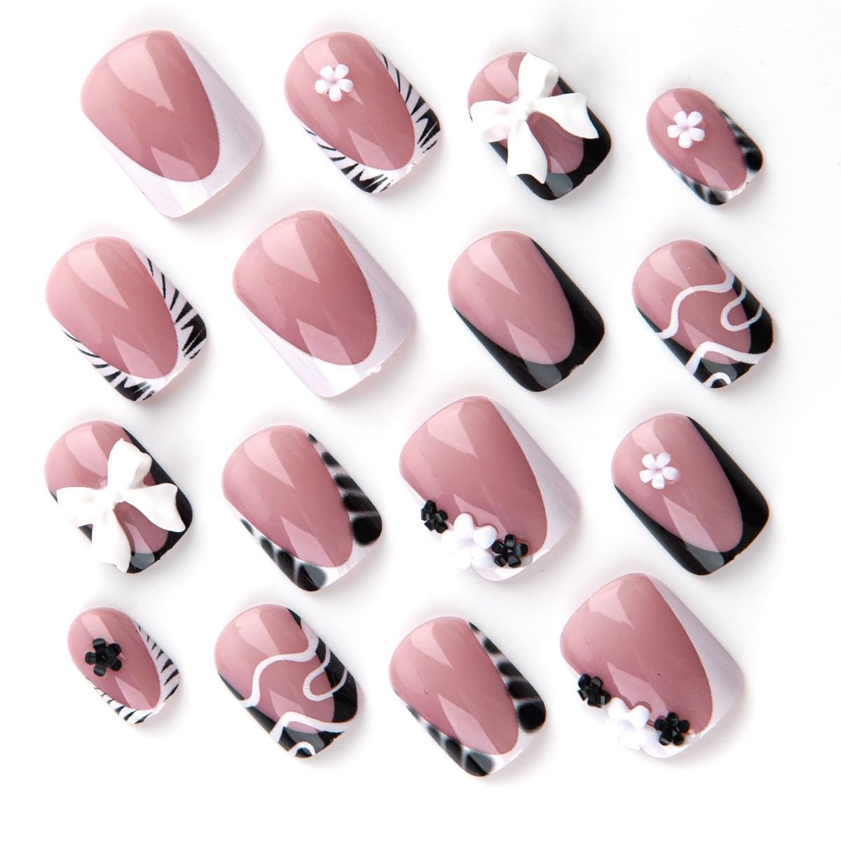 CTTHNBD Press on Nails Short - Square Fake Nails with Bow Floral Charms Design - Zebra Stripes French Tip False Nails - for Women 24 Pcs