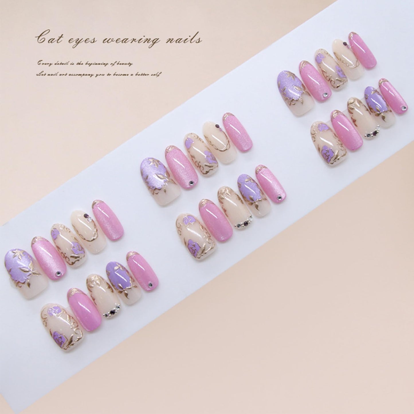 3D Gold Leaf Press on Nails Glossy Purple Rose Flower Medium Almond Fake Nail Floral False Nails with Summer Design Sparkly Stick on Nail Rhinestone Glue on Artificial Fingernails for Women Wear