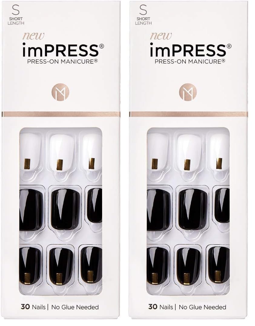 KISS imPRESS Press-On Manicure, Nail Kit, PureFit Technology, Short Press-On Nails, Midnight Drive', Includes Prep Pad, Mini Nail File, Cuticle Stick, and 30 Fake Nails (Pack of 2)