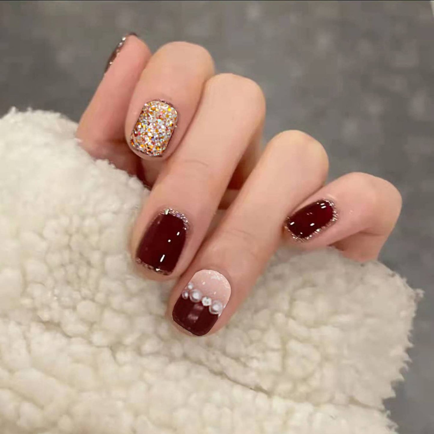 Press on Nail Short Square Length, 24Pcs Full Cover Reusable False Nails Kits, Glue On Nails with Glitter Pearl Designs, Artificial Fingernails Acrylic Fake Nails for Women Stick on Nails Coffin Shape
