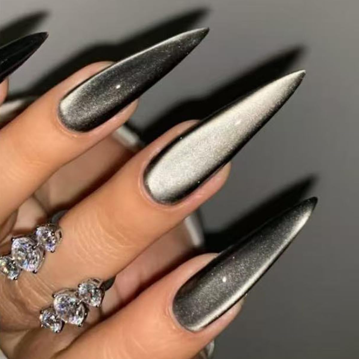 Black Cat Eye Press on Nails Long Stiletto Fake Nails with Design Balck Glitter Glue on Nails Full Cover False Nails Shiny Artificial Acrylic Stick on Nail for Women Manicure 24Pcs
